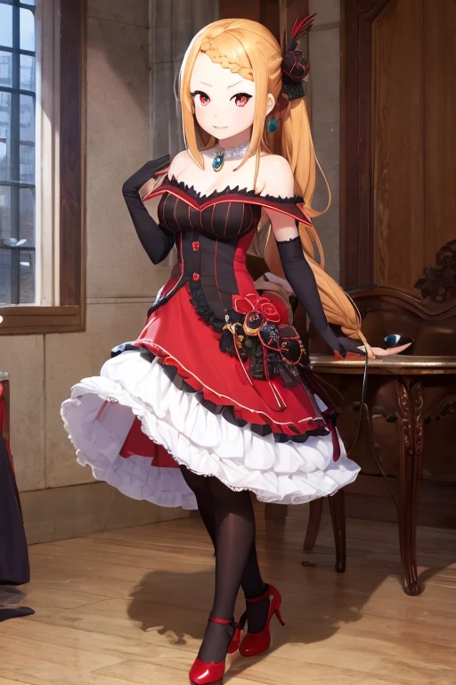 PriscillaBarielle, Priscilla Barielle, long hair, blonde, (red eyes:1.5), Braid, single Braid, Braided bangs, one side up,
 Extremely detailed BREAK , Gloves, dress,  bare shoulders , jewelry, socks, earrings, black Gloves, collar,   with high heels , red dress, red shoes,  bridal gauntlets ,
BREAK looking at viewer,  full body wool sweater,
BREAK indoors,
BREAK (masterpiece:1.2),  the best quality,  High resolution, unity 8k wallpaper, (illustration:0.8), ( beautiful and detailed eyes :1.6),  extremely detailed face ,  perfect lighting ,  Extremely Detailed CG , ( perfect hands ,   perfect anatomy),