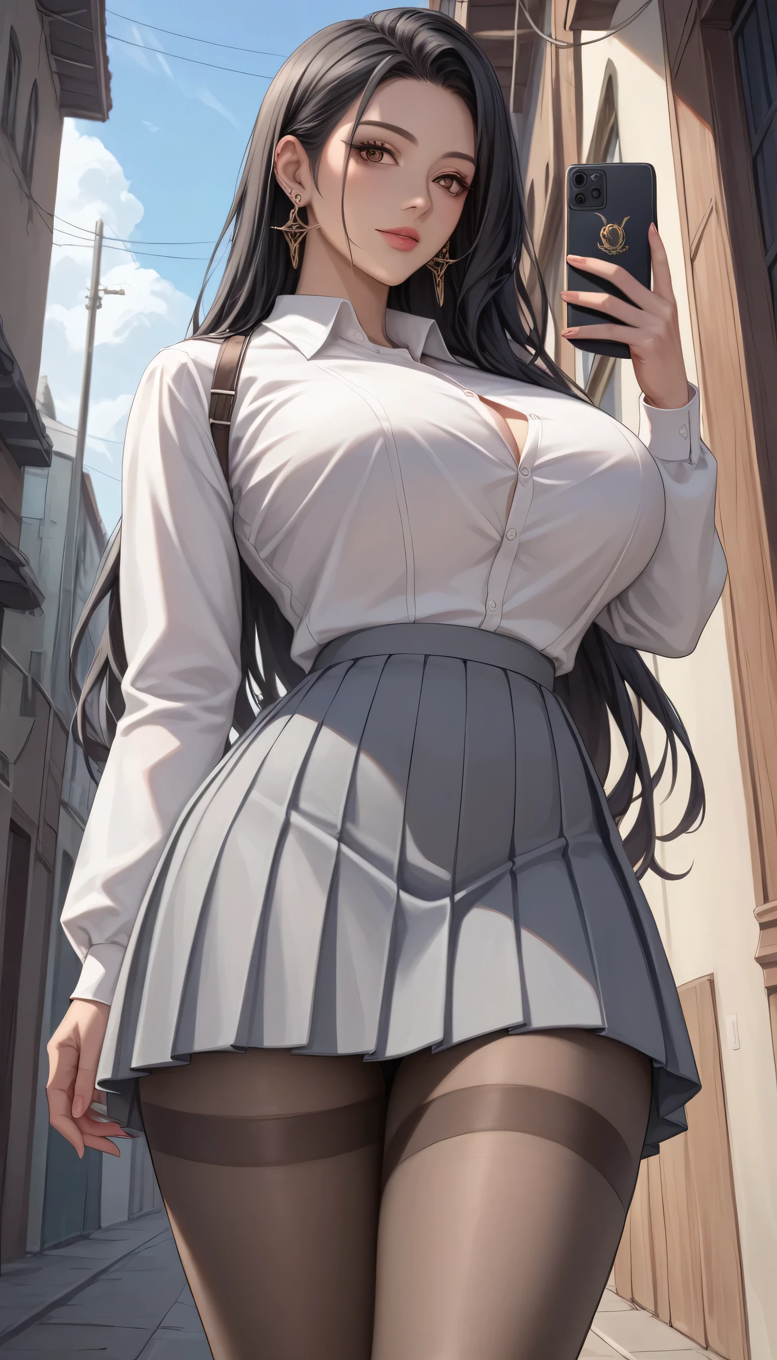 art style by Izayoi Seishin , (score_9, score_8_above, score_7_above), ( the best quality, masterpiece ), perfect anatomy,(aesthetic,very aesthetic),Official style, ( upper-body selfie jersey ), masterpiece , beautiful art, professional artist, 8K, art style by sciamano240, Very detailed face , highly detailed hair , perfectly dCRUDOn body, beautiful face , an anime girl dressed in a school outfit, white shirt between open , night environment, 1 girl, , brown eyes, squinting eyes ,expresion seductora, ultra high resolution pleated grey skirt , jewelry, musloalto, very straight black hair, long hair, long hair, thigh high pantyhose, from below , looking at the spectator, large hips, big legs, big butt , ear piercing, earrings, huge breasts, breasts, Night alley 、 (FROM BACK mirando a la cámara), FROM BACK, (Open sleeves ),