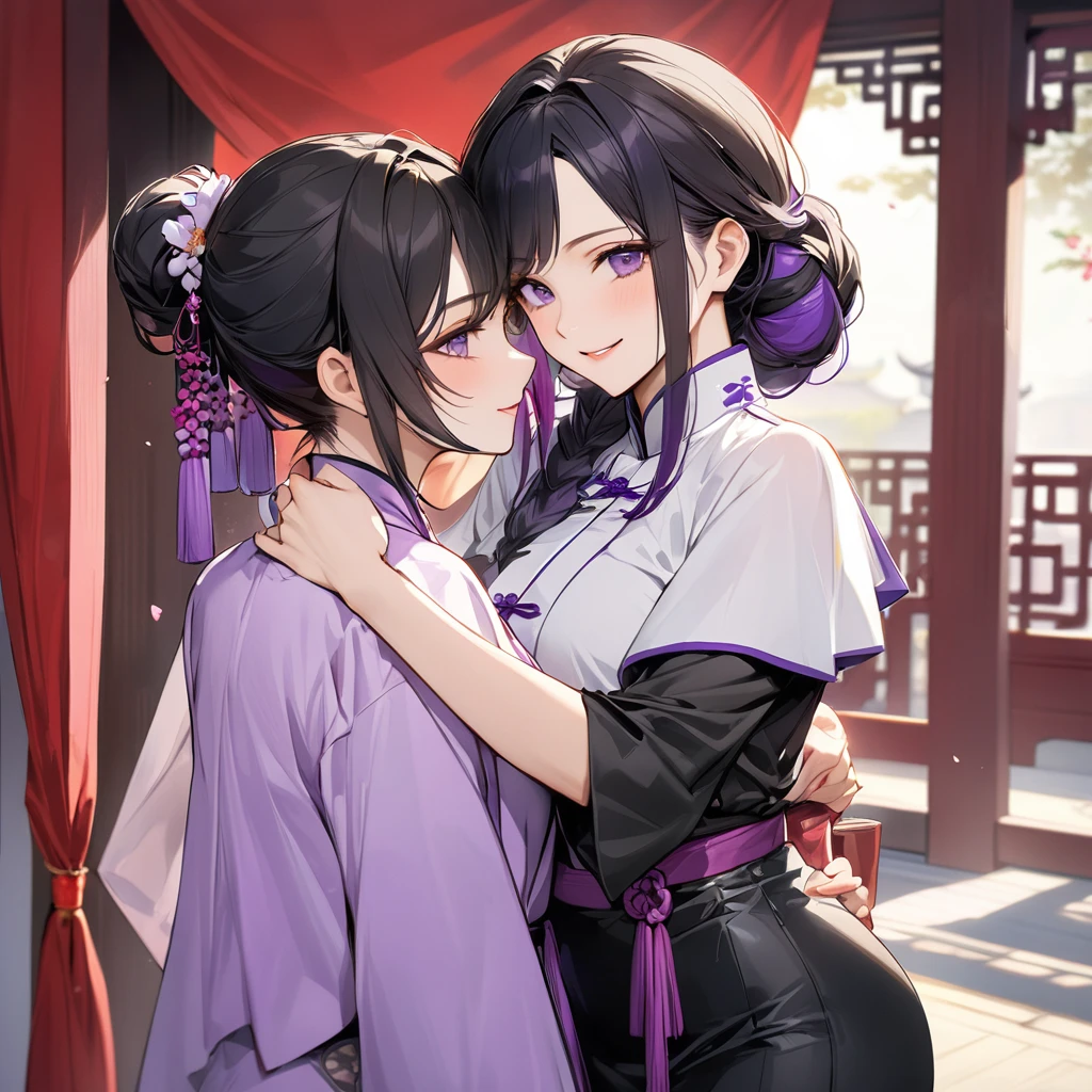 Women who are members of the Chinese Communist Party physically and mentally seek and love each other by supporting their husbands in both public and private as wives, with beautiful black hair, Kocho Shinobu, a purple gradation color with purple tips, and they pledge absolute loyalty and love to a great Chinese Communist Party executive man、((Best Quality)), ((masterpiece)), ( Details), （ perfect face）,The woman is Kocho Shinobu with outstanding proportions and is finished as a Chinese woman in a Chinese mansion 、The woman is smiling gently