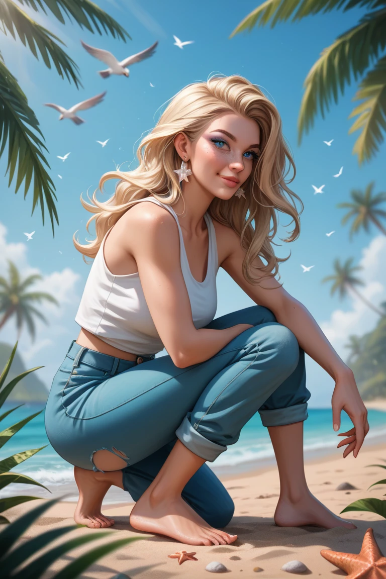 NSFW, (((masterpiece))), best quality, 1girl, beautiful woman, thicc (1.0), in the style of a young Liv Tyler (0.3). A relaxed, confident pose on a deserted tropical island. She has very detailed ivory skin (1.4), with a light oil sheen (1.1), and a lightly freckled face (1.0). Her long, flowing blonde hair (1.5) frames her face, with blue eyes (1.3), warm peach lips, and a closed, sultry smile. She wears light peach eyeshadow and has a small nose (1.5). Small pearl earrings add a subtle touch.
Outfit: She’s dressed in a strappy white tank top, loose and  torn, with worn, soft indigo beach pants, also torn and weathered. Barefoot.
Pose and Setting: Sitting on the sand, one knee slightly bent, exuding a relaxed, confident stance. The background has soft fog, birds flying across a warm sunset sky, butterflies fluttering nearby, and shells and starfish scattered around. Shot with a 35mm lens, bokeh effect, depth of field. Focus on her from the front and slightly below, capturing the romantic and intimate atmosphere (romantic:1.5, erotic:1.0).