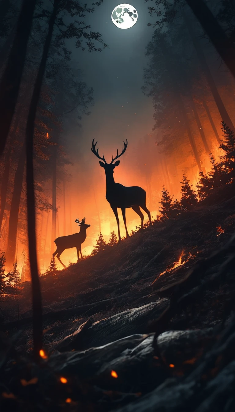 score_9, score_8_up, score_7_up, score_6_up, low angle, anime, no human, a deer, forest, night, forest on fire, smokey environment, blurry, ember, moon light