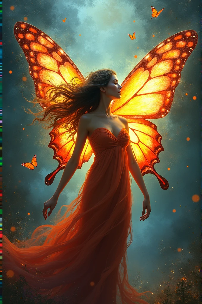 photoillustration of double exposure of merged, a lady, a sunrise, (solid effect of a sunrise image facing on her), seamless mix, texture and pattern, solid effect, iconic stance, dramatic shadows, dramatic lights, interlacing elements, fit-image on her back, side view, fantasy art, two tones, opposite-opponent digital manipulated photo art, hyper-realistic, ultra-detailed, crisp clarity, high-contrast, luminous ambiance, rich textures, intricate patterns, vivid colors, cinematic lighting, photorealistic, accurate anatomical proportions.