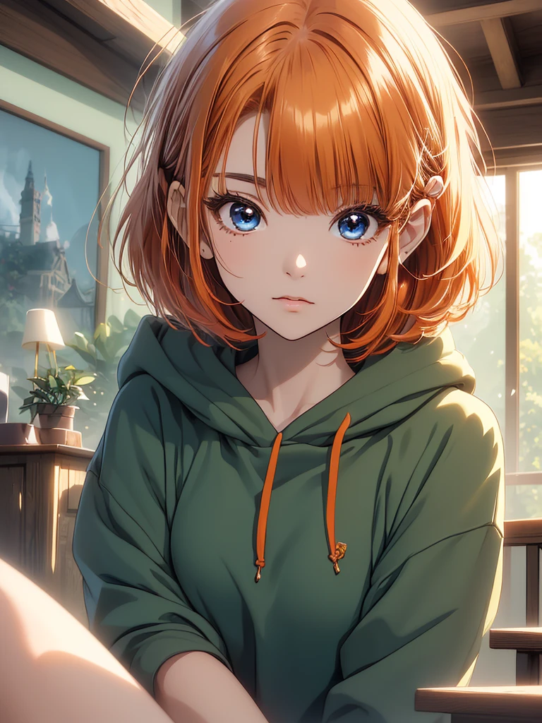 best quality, 1girl in an oversized hoodie, looking at the viewer, on all fours, close up, close shot, short hair, curious, green, orange, light blue