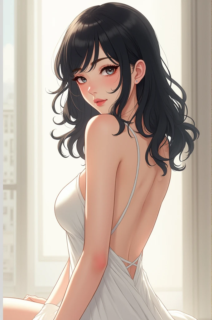 Curvy blue eyed girl with long wavy black hair and small breasts