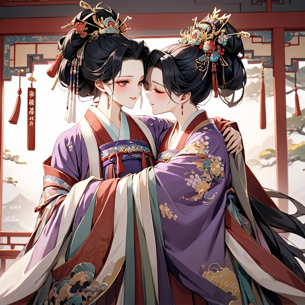 Both physically and mentally, the woman of the ancient Chinese empress has beautiful black hair with purple gradation color Kocho Shinobu, wears the luxurious Hanfu of the ancient Chinese emperor, and they hug and kiss the man of the great ancient Chinese emperor and love each other、((Best Quality)), ((masterpiece)), ( Details), （ perfect face）,The woman is Kocho Shinobu with outstanding proportions and is finished as a woman of an ancient Chinese empress in a Chinese mansion 、The woman is smiling gently