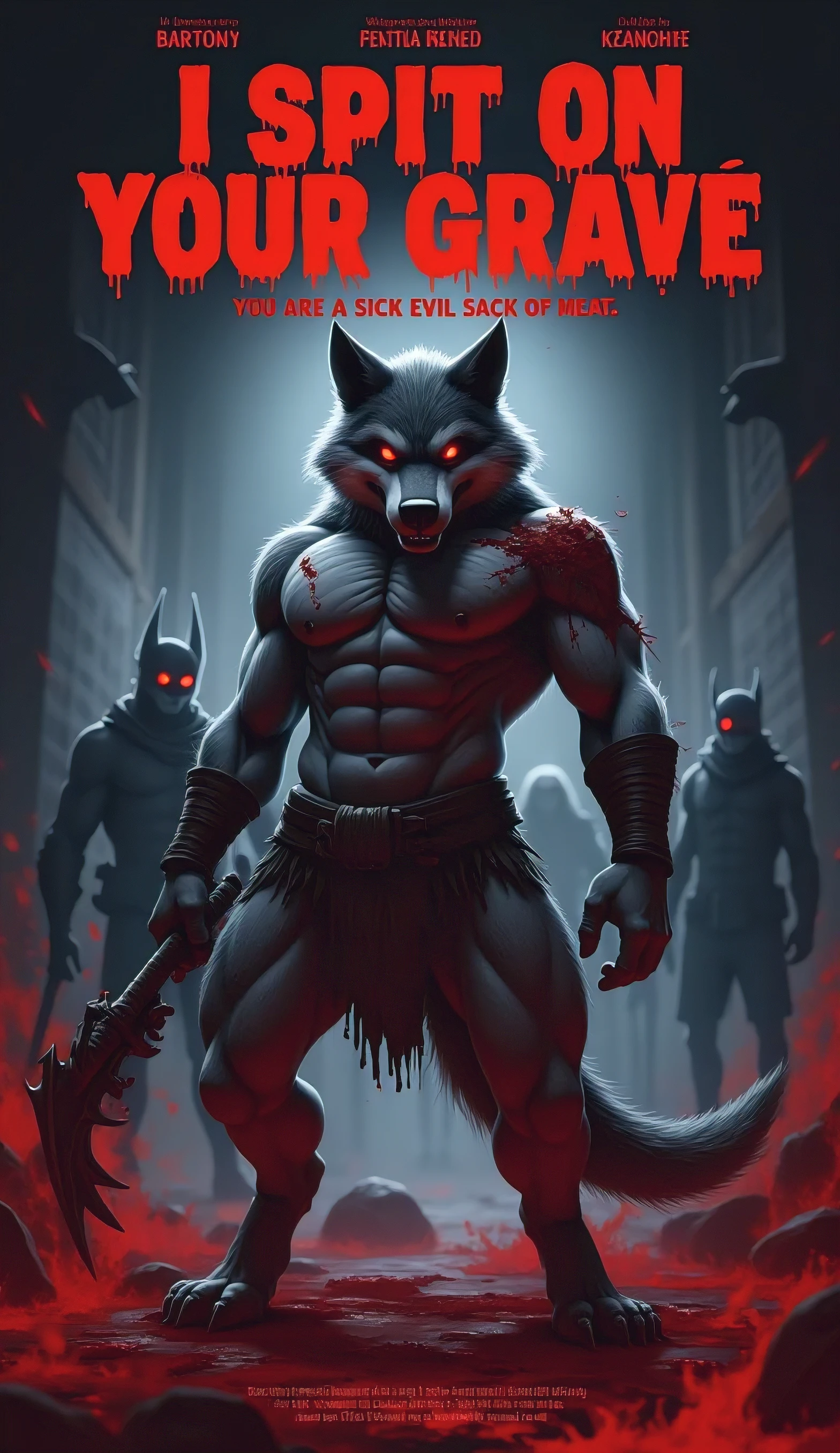 "Design a movie poster for a horror film titled 'I SPIT ON YOUR GRAVE.' The poster features a muscular anthro wolf male with glowing red eyes and fur stained with blood. His body is heavily scarred, and his expression is filled with anger and determination. In one hand, he grips a jagged, bloodied weapon, ready for vengeance. The background is dark, with shadows of his tormentors looming, creating an atmosphere of terror and dread. The title 'I SPIT ON YOUR GRAVE' is displayed at the top in bold, red, blood-dripping letters. A tagline below reads: 'You are a sick evil sack of meat.' in a simple, sleek font, giving credit to the creator. The color palette uses dark reds, blacks, and grays to emphasize the horror and brutality of the film. The atmosphere is tense, filled with the promise of unrelenting vengeance."