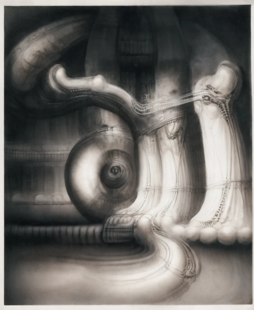 Giger_style, The image is a detailed view of H.R. Giger's \" Landscape XVI \" plate, featuring a complex network of bones and organs in a purple-brown hue ,swirling gray and brown colors. The artwork is silver and purplish brown, with an ivory bones prominently displayed. The image is highly detailed and intricate, almost like a 3d version of a medical sketch.
The piece is a tableau, most likely created with a India ink pen or pencil on paper, determined by the thin lines, shading techniques, and the texture of the paper, which is visible around the edges. Used is pen, given the shading and variations in line weight visible in the image. One have used a variety of pencils with different degrees of hardness to achieve the shading effects.
The style is clearly biomechanical. Features combination of organic and mechanical forms. Mechanical elements dominate the composition, there are subtle organic hints. The use of undersaturated purple-grays dark contrasts creates a stark and graphic look. Is used a variety of linework techniques to create different textures. Fine, parallel lines create a smooth, metallic texture,while thicker, more cursive lines suggest cables or wires. Machines fills most, with its central cylindric structure acting as the focal point. Parallel lines emanating from this central structure used to create a sense of depth and movement. Being overwhelmingly mechanical, there are subtle suggestions of organic forms.
The art performance showcases the artist’s skills in observation and rendering. The level of detail in the piece suggests a close study of real bone specimens and anatomy. The artist has skillfully used shading techniques to create a convincing illusion of three-dimensionality on a flat surface.The wrinkles and cracks in the surface, and the cast shadows with accuracy, used shading techniques to create a realistic depiction of light and shadow on the objects. This creates a sense of depth and dimension in the image