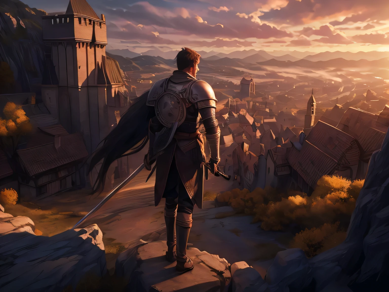  The best quality ,  masterpiece ,  ultra high resolution , (realism: 1.4), original photo, A grown man,  short hair, black color, scar on the face,  dressed in steel plate armor , a large shield ,  and a sword on his back , watching a sunset,  behind him an ancient castle from medieval times,  full-body perspective  