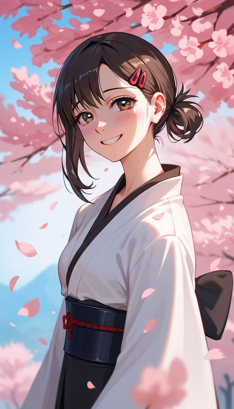 1girl, higashiyama kobeni, wearing kimono, in a cheery blossom park, cherry blossom petals falling in the background, (masterpiece), cinematic, beautiful light, best quality, newest,safe, absurdres, wide smile, blushing, look at camera, tilt head, turn head back