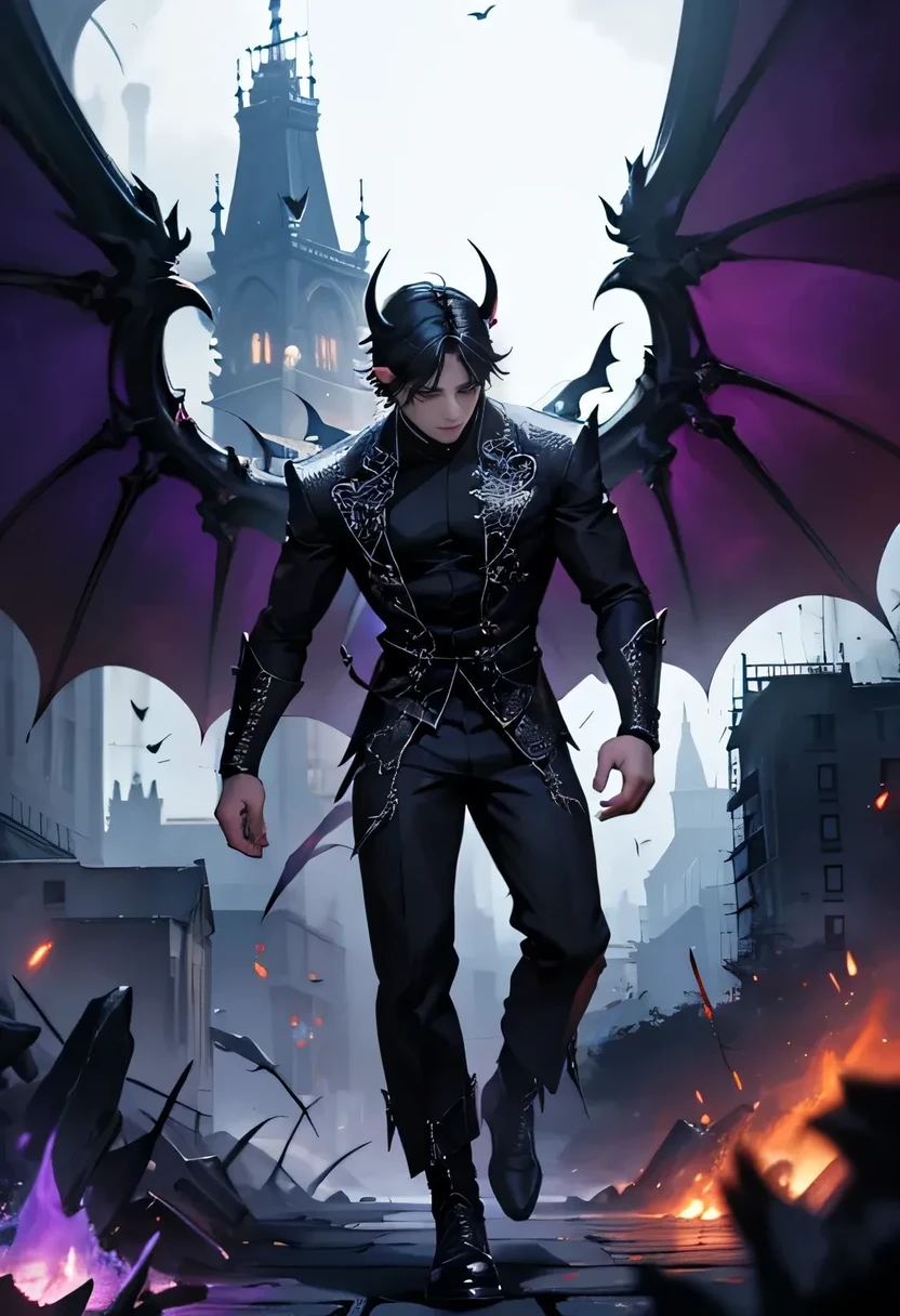 1 boy， Perfect Male Body ，Regular facial features，Stretched hand ， Anatomically Correct , Standing， HD model , medium long hair, black hair, Purple, demon的尾巴,  Black Noble Windbreaker ,  chaos and order , 黑Purple,  darkness, demon, the highest demon,  Vampire Black Big Wings , Purple Eye, serious, demon眼,  faceless,  Full Body Character Watch,  eyes looking at the camera, Non-human ,  delicate details ,  extremely detailed ,向後的demon的角,  on head with a light blue glowing crown , night, colorful,  Detailed Background , high contrast,   light tracking ,  Cinema-grade lighting , Depth of Field, Horror theme ,  darkness奇幻,  illustration, demon貴族角色設計, Evil Anime ,  stylized urban fantasy art, 