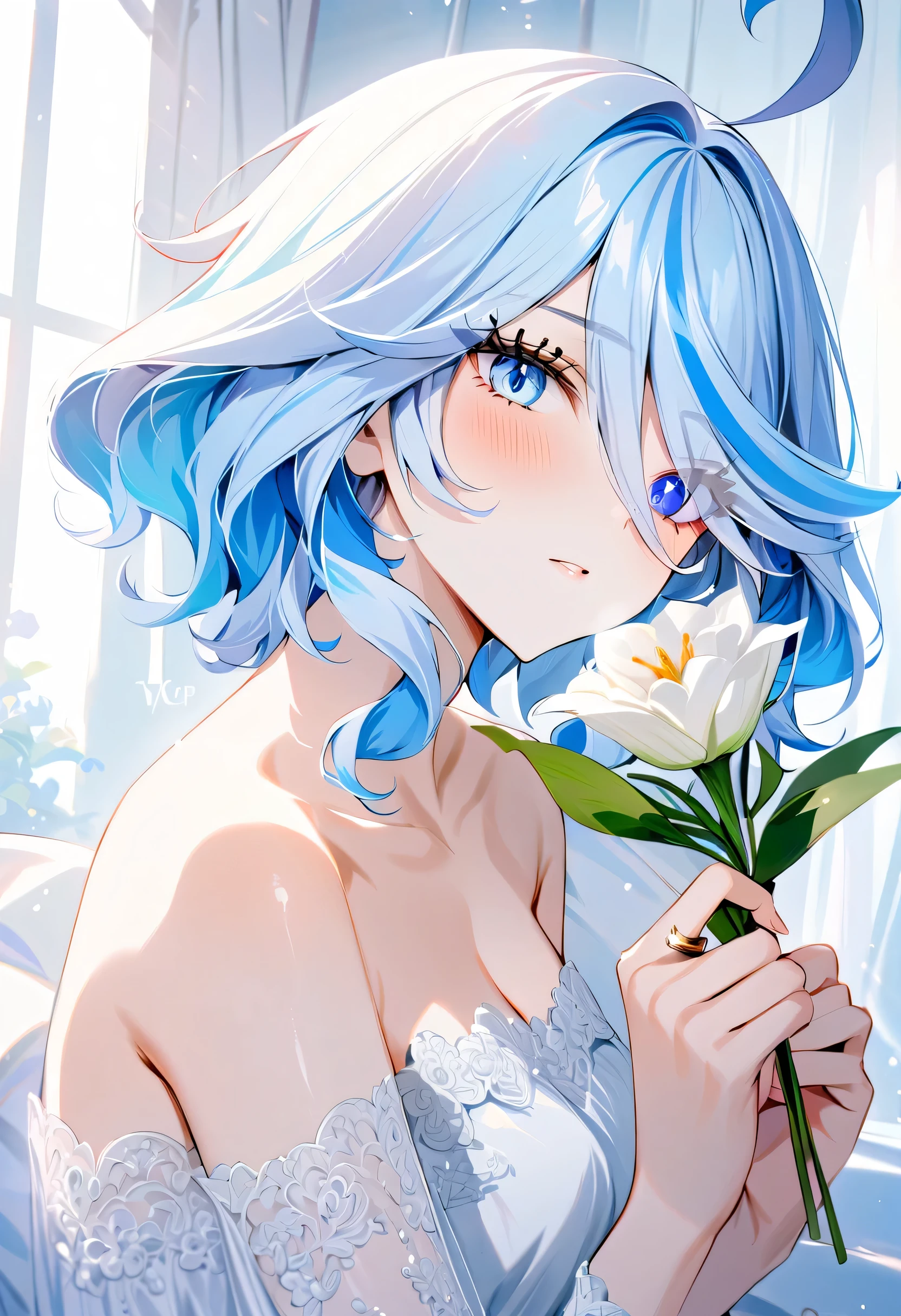 score_9, score_8_up, score_7_up, masterpiece, best quality, absurdres, vibrant, highly detailed, 1girl, adult grown woman, furina \(genshin impact\), heterochromia, blue eye, light blue eye, blue hair, ahoge, hair over one eye, light blue hair, short hair, looking to the side, expressionless, head tilt, heavy breathing, wedding_dress, wedding_ring, holding_flower, holding