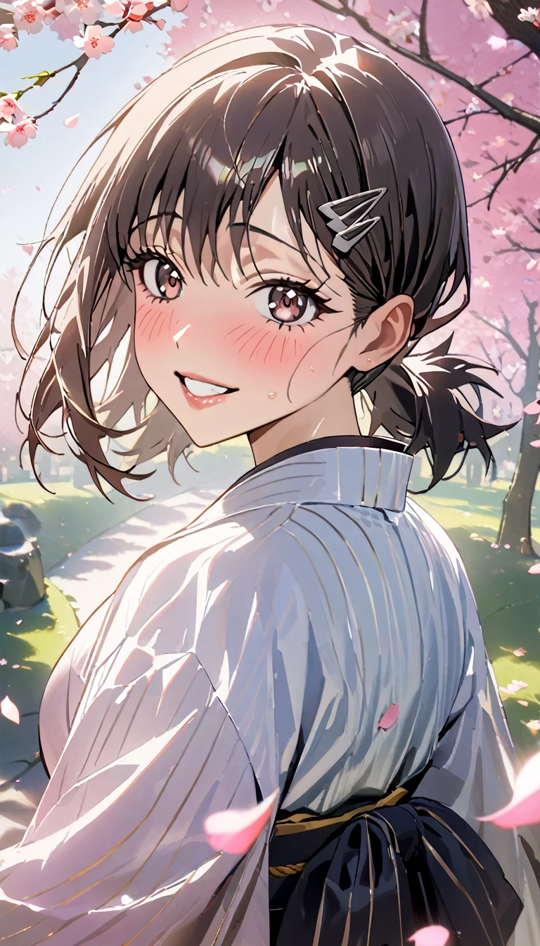 1girl, higashiyama kobeni, wearing kimono, in a cheery blossom park, cherry blossom petals falling in the background, (masterpiece), cinematic, beautiful light, best quality, newest,safe, absurdres, wide smile, blushing, look at camera, tilt head, turn head back