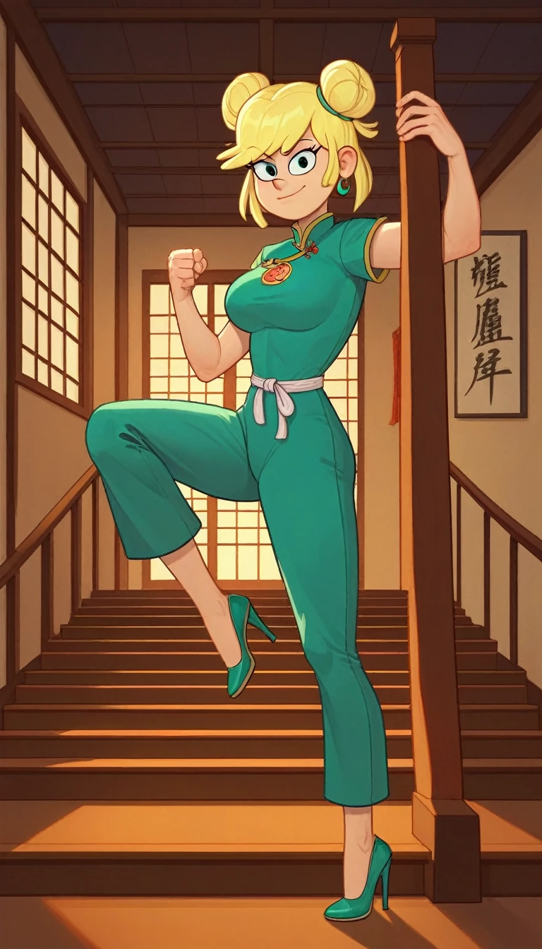 leni loud, 1girl, solo, 24yo girl, large breasts, green cheongsam,  inside of a chinese temple, dojo, looking at viewer, blonde hair, two hair buns , hands  score_9, score_8_up, score_7_up, high heels, teep fighting stance,martial arts, stairs behind her, guarding the stairs, a door behind the stair, chinese writings on the wall, long pants