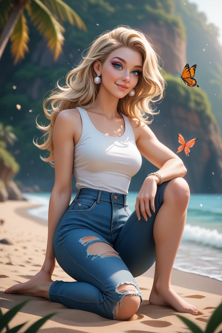 NSFW, (((masterpiece))), best quality, 1girl, beautiful woman, thicc (1.0), A relaxed, confident pose on a deserted tropical island. She has very detailed ivory skin (1.4), with a light oil sheen (1.1), and a lightly freckled face (1.0). Her long, flowing blonde hair (1.5) frames her face, with blue eyes (1.3), warm peach lips, and a closed, sultry smile. She wears light peach eyeshadow and has a small nose (1.5). Small pearl earrings add a subtle touch.
Outfit: She’s dressed in a strappy white tank top, loose and  torn, with worn, soft indigo beach pants, also torn and weathered. Barefoot.
Pose and Setting: Sitting on the sand, one knee slightly bent, exuding a relaxed, confident stance. The background has soft fog, birds flying across a warm sunset sky, butterflies fluttering nearby, and shells and starfish scattered around. Shot with a 35mm lens, bokeh effect, depth of field. Focus on her from the front and slightly below, capturing the romantic and intimate atmosphere (romantic:1.5, erotic:1.0).