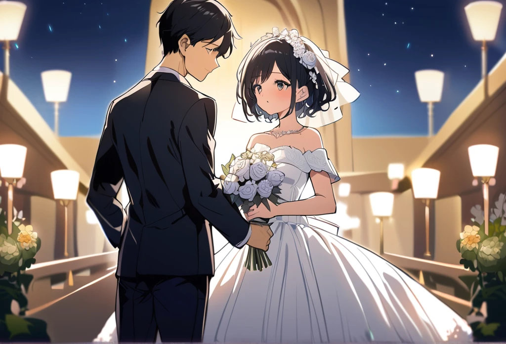 best quality, ultra-detailed, illustration, 
marunouchiekimaehiroba, dress, 1girl, hetero, 1boy, wedding dress, flower, night, bouquet, black hair, couple, formal, short hair, white dress, suit, outdoors, wedding, blurry, bare shoulders, holding
 