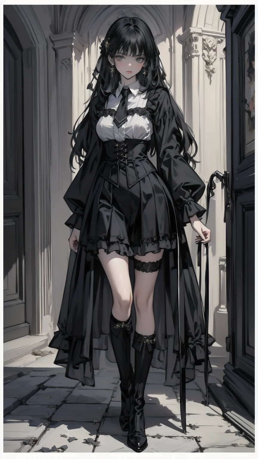  (((gothic))),  A young woman stands among elaborate decorations 、 captivating scene  , she was adorned with hair accessories、she is medium length,  Wavy golden hair..。.。Super mini skirt with frills, sheの表情は自然だ,  calm expression . she wore a frilly-sleeved miniskirt and a tight corset....、she&#39;  wears a gorgeous off-the-shoulder white dress  。,   creates a whimsical and romantic atmosphere   . sheのポーズはリラックスしている,   rear view of posture、she is lifting her skirt with both hands。   white panties 。 camel toe 、 そしてsheは&#39;Turn slightly to the side,   rear view of posture、  gives a sense of contemplation and contemplation  . The background is vivid, Blooming flowers and intricate designs,   is whimsical and creates a romantic vibe  . 背後から差し込む自然光がsheの周りに柔らかな輝きを放つ...., The delicate details of the costume、Enhance the vibrant colors of the landscape.    I wear black stockings with delicate shoes   ...., Taking the audience into a dream world. 

A woman standing in a courtyard wearing a dress and boots, (((watercolor))),    Anime with beautiful animated art   ,    Anime with beautiful animated art   work, Kschat Krentz Key Art Feminine,  Gway's  , Anime Art Nouveau, Detailed Key Anime Art,  Anime full body illustration ,  barrel  ,  Pixiv Digital Art,     Beautiful fantasy anime    