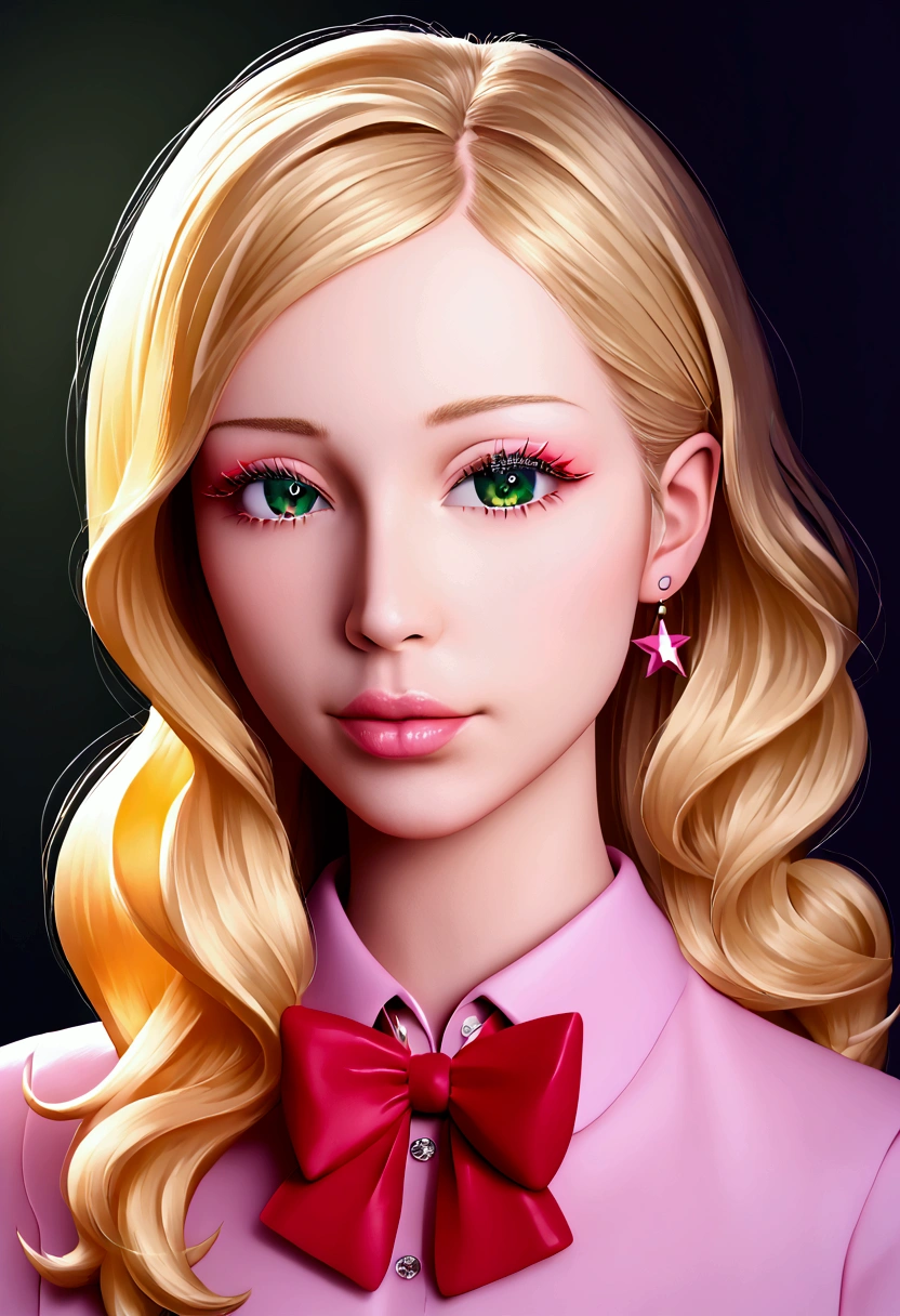 beautiful detailed eyes, beautiful detailed lips, extremely detailed eyes and face, long eyelashes, 1girl, blonde hair, dark green eyes, pale skin, gyaru, school uniform, pink shirt, Japanese school uniform, hazel plaid skirt, red bow, citrus anime, Aihara Yuzu, (best quality,4k,8k,highres,masterpiece:1.2),ultra-detailed,(realistic,photorealistic,photo-realistic:1.37),studio lighting,vivid colors,bokeh,portraits,anime