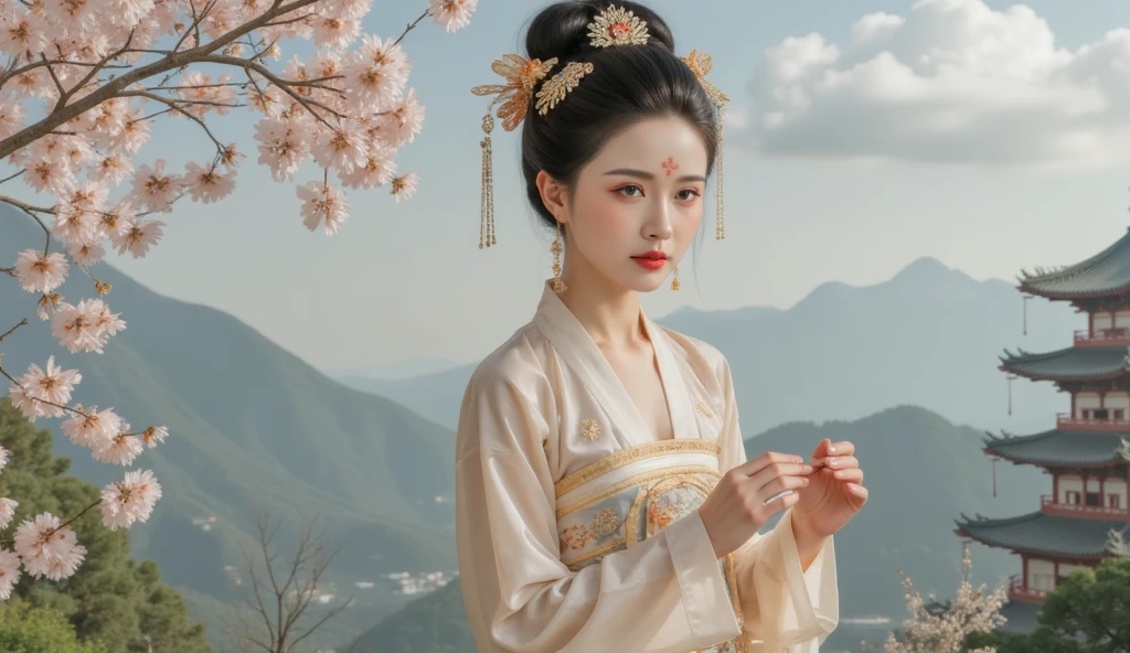 GGGJAAA，make up，huadian ，Hanfu，whole body,whole body，Imagine，  white clouds and mountains in the distance   、Tower and many people，Pink flowers，  Cherry Blossom Tree  ，Cherry blossom petals falling，Hanfu woman,Phoenix Coronet、  Exquisite embroidery  、Wearing Hanfu pantyhose、Hanfu、Wear long-sleeved Hanfu、Transparent and clear、Watch and apply makeup 、、Raw,(8K、  high quality  、masterpiece:1.8)、(  intricate details  :1.8)、(Reality:1.8)、     Octagonal Rendering     、 复杂的3D渲染与 superdetail, studio soft light, Side Light,  Vivid details ,  superdetail ,    realistic skin texture  , details,    beautiful eyes,  highly detailed CG Unity 16k wallpaper, cosmetic, (     detailed background     :2.0),    clear fingers   ，   Beautiful Fingers   ，Radiant Skin、  spread legs  ，  show your thighs  !!!、