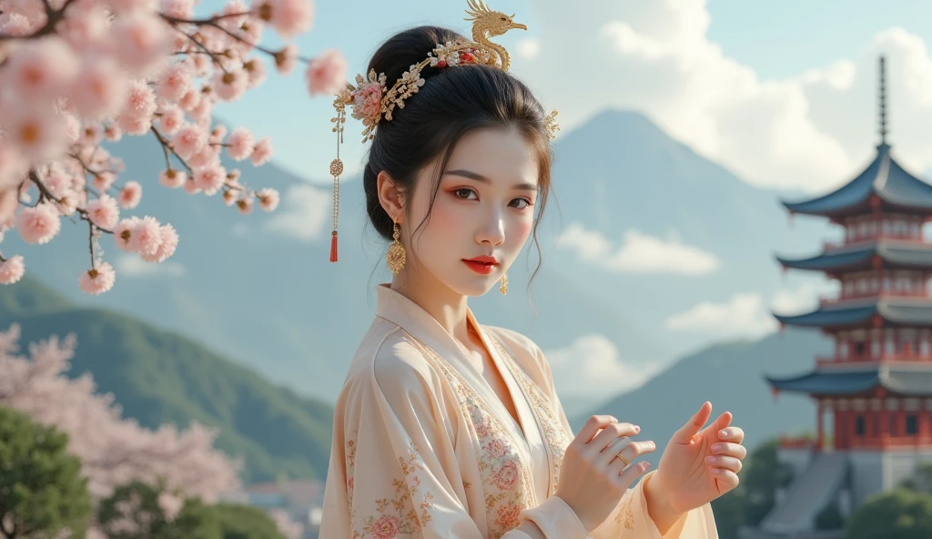 GGGJAAA，make up，huadian ，Hanfu，whole body,whole body，Imagine，  white clouds and mountains in the distance   、Tower and many people，Pink flowers，  Cherry Blossom Tree  ，Cherry blossom petals falling，Hanfu woman,Phoenix Coronet、  Exquisite embroidery  、Wearing Hanfu pantyhose、Hanfu、Wear long-sleeved Hanfu、Transparent and clear、Watch and apply makeup 、、Raw,(8K、  high quality  、masterpiece:1.8)、(  intricate details  :1.8)、(Reality:1.8)、     Octagonal Rendering     、 复杂的3D渲染与 superdetail, studio soft light, Side Light,  Vivid details ,  superdetail ,    realistic skin texture  , details,    beautiful eyes,  highly detailed CG Unity 16k wallpaper, cosmetic, (     detailed background     :2.0),    clear fingers   ，   Beautiful Fingers   ，Radiant Skin、  spread legs  ，  show your thighs  !!!、