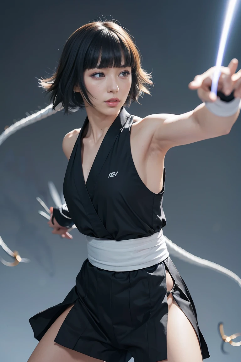 ((blackい着物)) ((blackい袴)) (( fighting style)),((martial arts))((Wind effects))((High Kick,jannpu ))(( Lightning Effects))(( Fighting Style))(( Fighting))(masterpiece), (simple plain background)( Best Quality ), ( Beautiful eyes and face ), (  perfect female body ), (shiny skin),   off-shoulder outfit  ，    closeup shot，Sports Late，  one girl with him , Alone,  black髪  ,   short hair,  Bob long hair , Grey-eyed, White sash, black( Bear)  clevis   