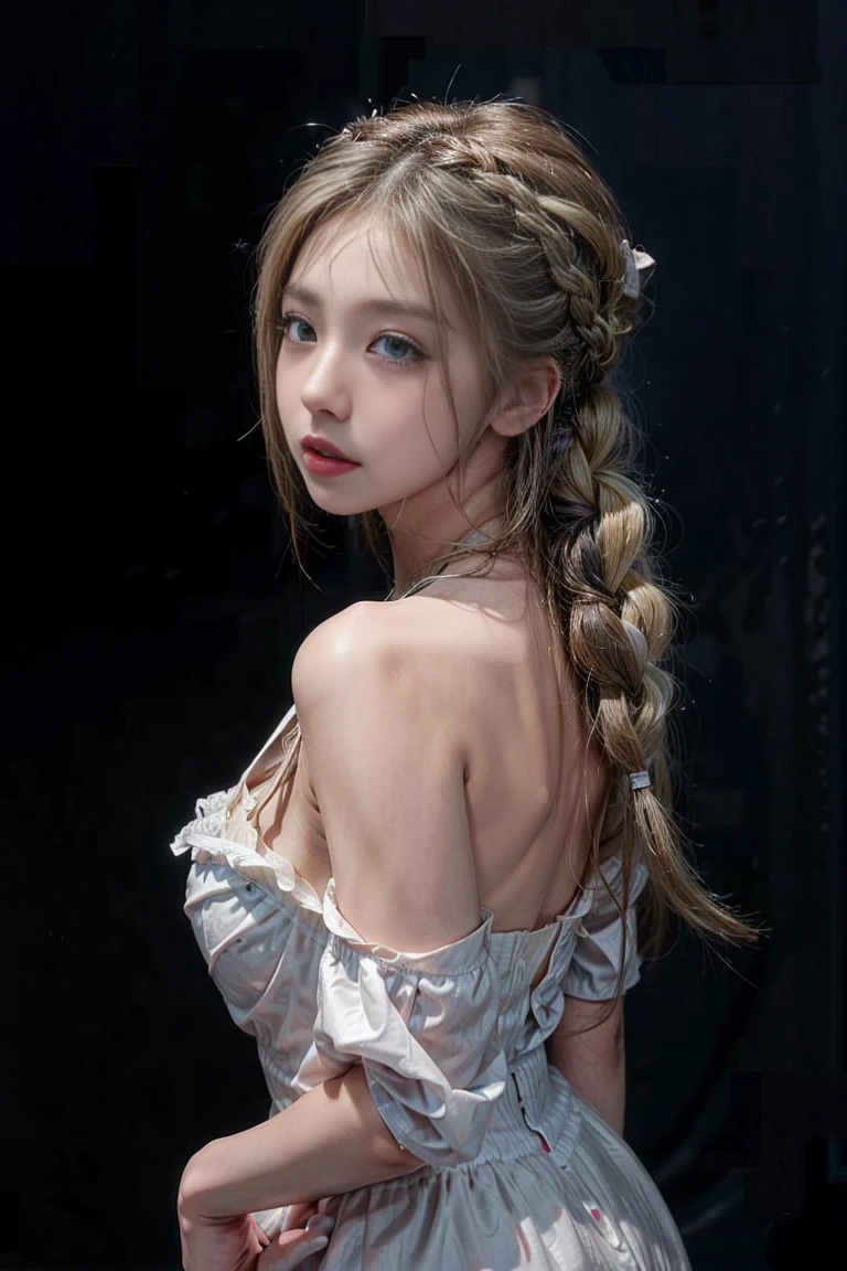  Japanese、Model、Big Breasts、Blonde with braids、 maid clothes、 woman flipping through clothes to show her breasts、 hands behind head、I can see the side、 shows shoulders、 cleavage visible 、 black background