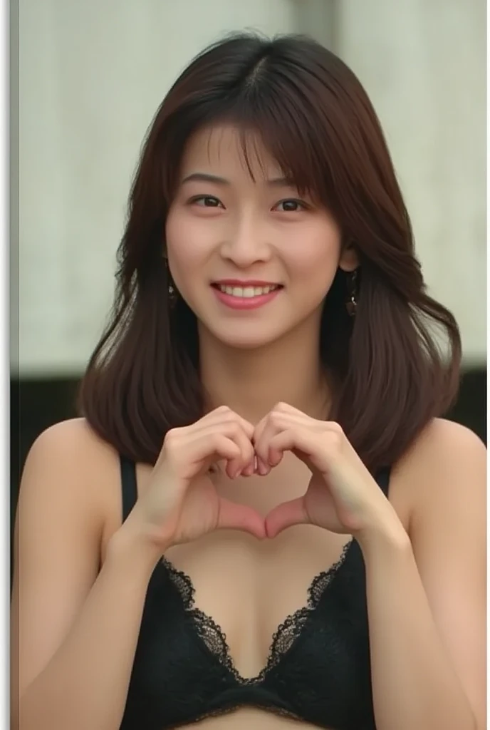  black bikini,  in front of your chest and make a big heart shape with both hands, Physical-based rendering of ,  cute smile up、

