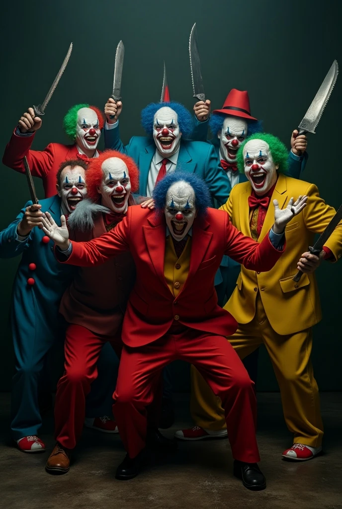 Two friends are hugging, smiling for the photo, and drinking whisky straight from the bottle. One friend is dressed as a killer clown with bloodstains on his clothes and face. He has sharp teeth and glowing eyes. The other is dressed as the Grim Reaper from the horror movie Scream and is holding a knife. They are both having a lot of fun, but even so, they are frightening to look at