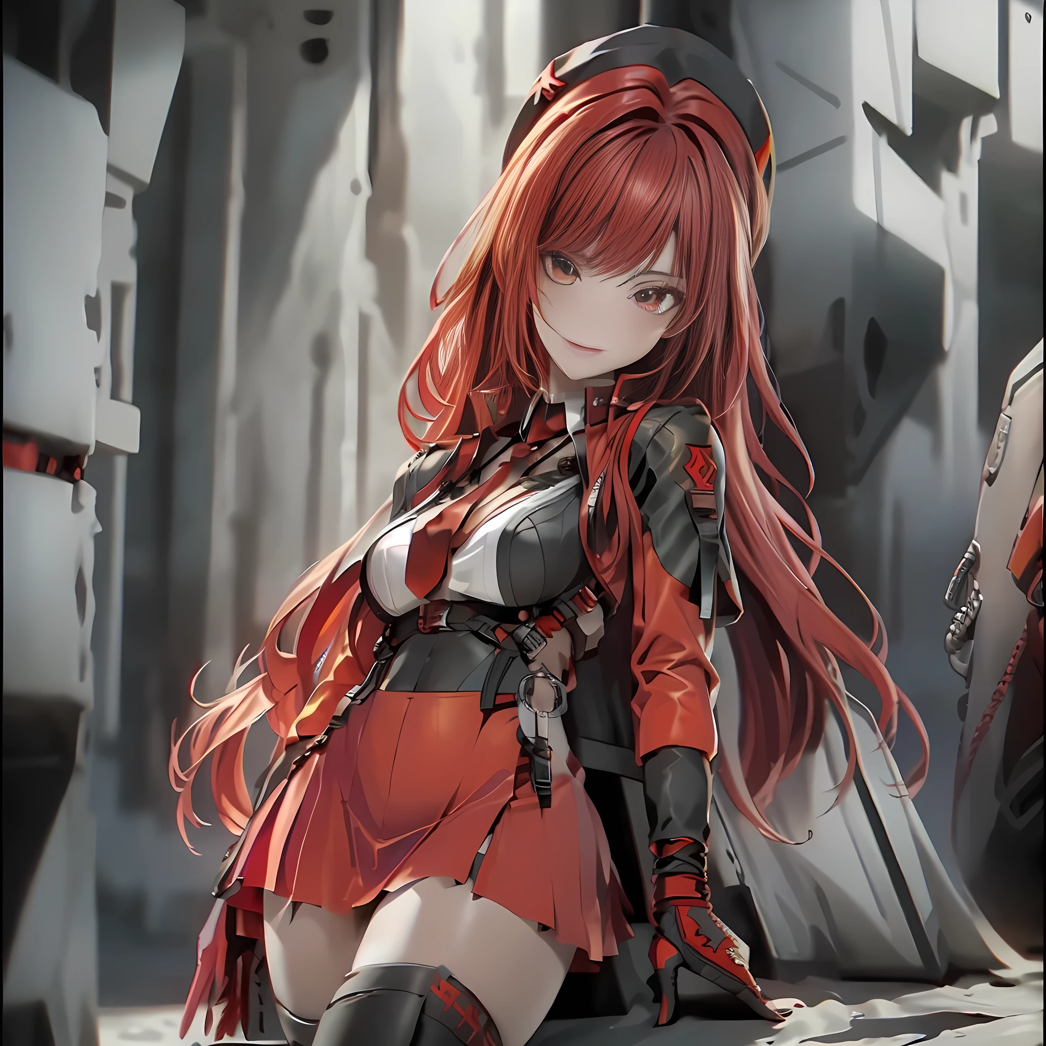 ((Best quality)), ((masterpiece)), (detailed:1.4), 3D, an image of a beautiful cyberpunk female, long burning red hair, burning hair, Red eyes, Black Barret Hat, Red Soldier Shirt, White undercloth, black panty, black skirt, black thick boot, long black kneesock, Grenade belt, Big chest, Big thigh, High thigh black knee sock, full view of girl, battlefield background, black combat boot, red necktie, black glove, black combat suit, black jacket, black cloak, black panty, ammo belt, HDR (High Dynamic Range),Ray Tracing,NVIDIA RTX,Super-Resolution,Unreal 5,Subsurface scattering,PBR Texturing,Post-processing,Anisotropic Filtering,Depth-of-field,Maximum clarity and sharpness,Multi-layered textures,Albedo and Specular maps,Surface shading,Accurate simulation of light-material interaction,Perfect proportions,Octane Render,Two-tone lighting,Wide aperture,Low ISO,White balance,Rule of thirds,8K RAW,