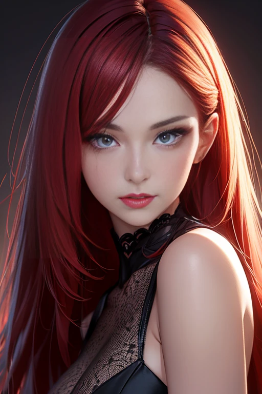  woman with straight long hair and red lipstick,  Ekaterina ,   professional photos , 30-year-old female,Red Hair,  Ultra High Definition , Original photo, Nikon D850,  beautiful well-groomed face、Upcoming,   highly detailed face,  full light, Kabedon Subjective:1.4、