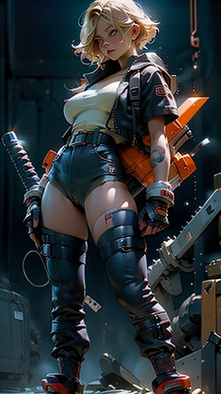 A woman, 25 age, blond, big breasts, wide hips, amber eyes, thick thighs, blue jacket, shirtless, holding a chainsaw, leather gloves, harness, gun holster, backpack, shaved pussy, showing her pussy, half naked, pussy focus, arm tattoos, soft skin, hooded, sexy pose