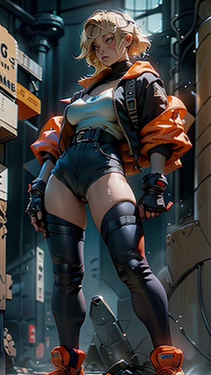 A woman, 25 age, blond, big breasts, wide hips, amber eyes, thick thighs, blue jacket, shirtless, holding a chainsaw, leather gloves, harness, gun holster, backpack, shaved pussy, showing her pussy, half naked, pussy focus, arm tattoos, soft skin, hooded, sexy pose