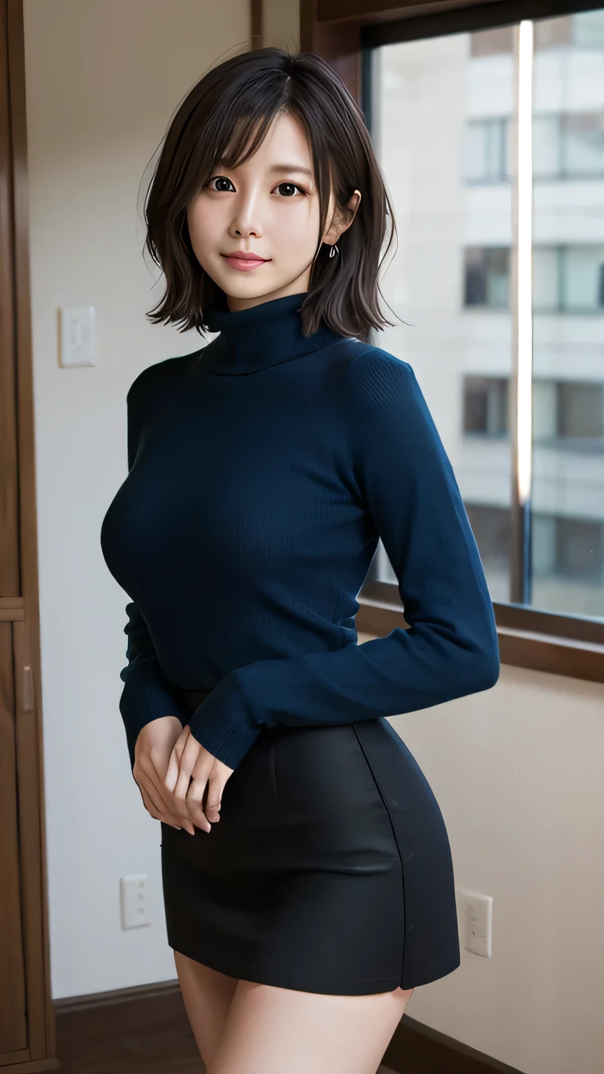 best quality, masterpiece,8k wallpaper, amazing, finely detail ,ultra-detailed skin, a Japanese beautiful woman, 30 year old, shy, breast, wet short hair, relaxing, standing in a white clean room, body facing sideways, turning around to the camera, deep blue turtleneck sweater untucked, black long laced skirt, evening