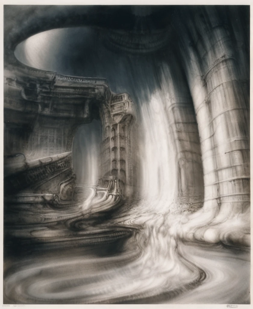 xgiger, drawing of a biomechanical machine in the style of H.R. Giger (hrgiger):
The central feature of the composition is a tiny segment of the giant circular structure positioned slightly off-center to the left. The most of the structure is lost in the misty eternity of the upper.
Crossectioned lines of cables and veins detailing structure become progressively thinner the farther they extend out from the viewer. Emanating from the circular structure into viewers direction is a network of thick wavy cables or snake-like creatures. These cables are also drawn with thick black lines and weave on the imaginable ground in a loose parallel pattern. Some of the cables appear to be interconnected with short horizontal lines drawn between them.
On the left side far from viewer  is a similar biomechanical construction remaining the somehow geometrically organized roots of a tree. On the left side closer to viewer are two sac-like protrusions dark over light . These protrusions are bulbous in shape and separated of the central structure. They have a softer appearance than the circular structure and cables, with their black forms edged with thinner grey lines that suggest shading and give them a three-dimensional quality.
The background of the image is misty weak uplight with no descriptive detail. This lack of background creates a sense of focus on the biomechanical machine in the center.
The composition of the image is asymmetrical, with the circular structure segment  positioned off-center to the left. The flov lines and cables covering central structure create a sense of movement and dynamism, while the dark background enhances the mystery and unsettling mood of the biomechanical machine.
(concept art of h. r. giger, protoss temple!!!, inspired . The artist has used careful linework to depict the contours and textures in the piece
Sharp focus on foreground elements illustration. Deep and delicate DOF. Big painting. Stored in Louvre masterpiece, ooze soaked pajama top
