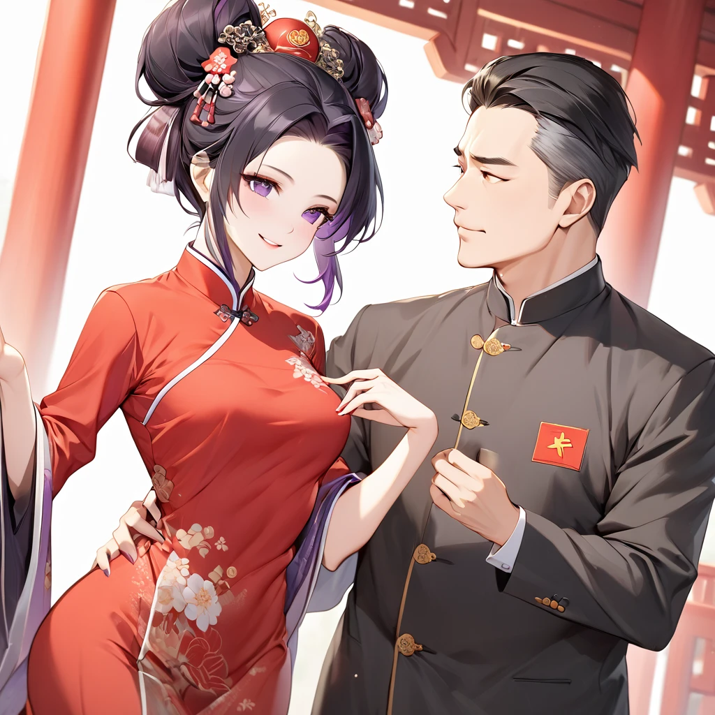 The woman who is a member of the Chinese Communist Party physically and mentally has beautiful black hair with purple gradation color Kocho Shinobu, wears a gorgeous, sensational, and attractive Chinese dress that is a member of the Chinese Communist Party, pledges absolute loyalty and love to a great Chinese Communist Party executive man, and they passionately seek and love each other as wives、((Best Quality)), ((masterpiece)), ( Details), （ perfect face）,The woman is Kocho Shinobu with outstanding proportions and is finished as a Chinese woman in a Chinese mansion 、The woman is smiling gently