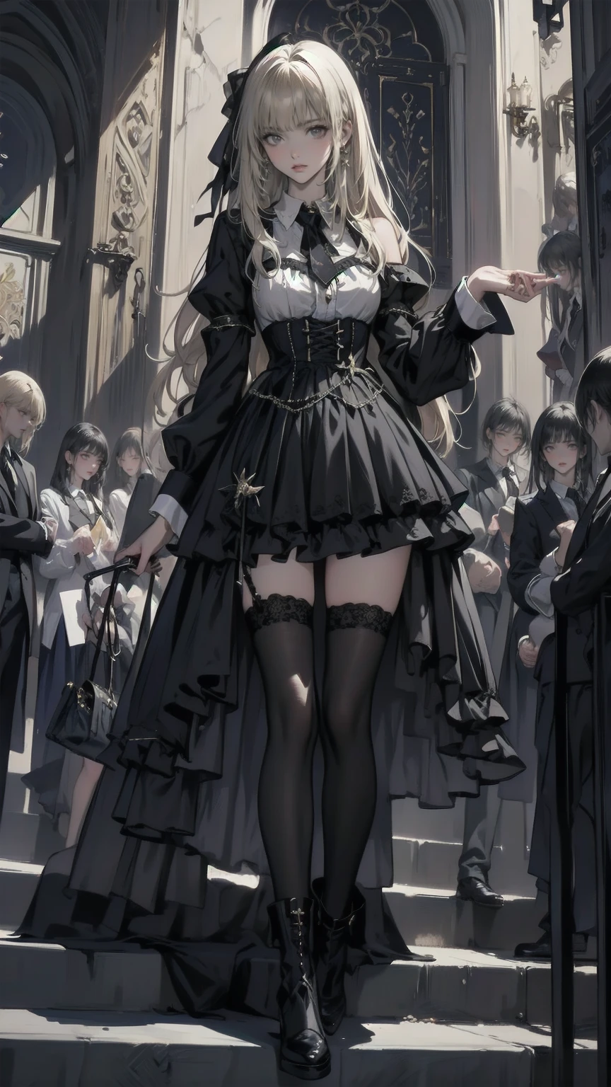  (((gothic))),  A young woman stands among elaborate decorations 、 captivating scene  , she was adorned with hair accessories、she is medium length,  Wavy golden hair..。.。Super mini skirt with frills, sheの表情は自然だ,  calm expression . she wore a frilly-sleeved miniskirt and a tight corset....、she&#39;  wears a gorgeous off-the-shoulder white dress  。,   creates a whimsical and romantic atmosphere   . sheのポーズはリラックスしている,   rear view of posture、she is lifting her skirt with both hands。   white panties 。 camel toe 、 そしてsheは&#39;Turn slightly to the side,   rear view of posture、  gives a sense of contemplation and contemplation  . The background is vivid, Blooming flowers and intricate designs,   is whimsical and creates a romantic vibe  . 背後から差し込む自然光がsheの周りに柔らかな輝きを放つ...., The delicate details of the costume、Enhance the vibrant colors of the landscape.    I wear black stockings with delicate shoes   ...., Taking the audience into a dream world. 

A woman standing in a courtyard wearing a dress and boots, (((watercolor))),    Anime with beautiful animated art   ,    Anime with beautiful animated art   work, Kschat Krentz Key Art Feminine,  Gway's  , Anime Art Nouveau, Detailed Key Anime Art,  Anime full body illustration ,  barrel  ,  Pixiv Digital Art,     Beautiful fantasy anime    