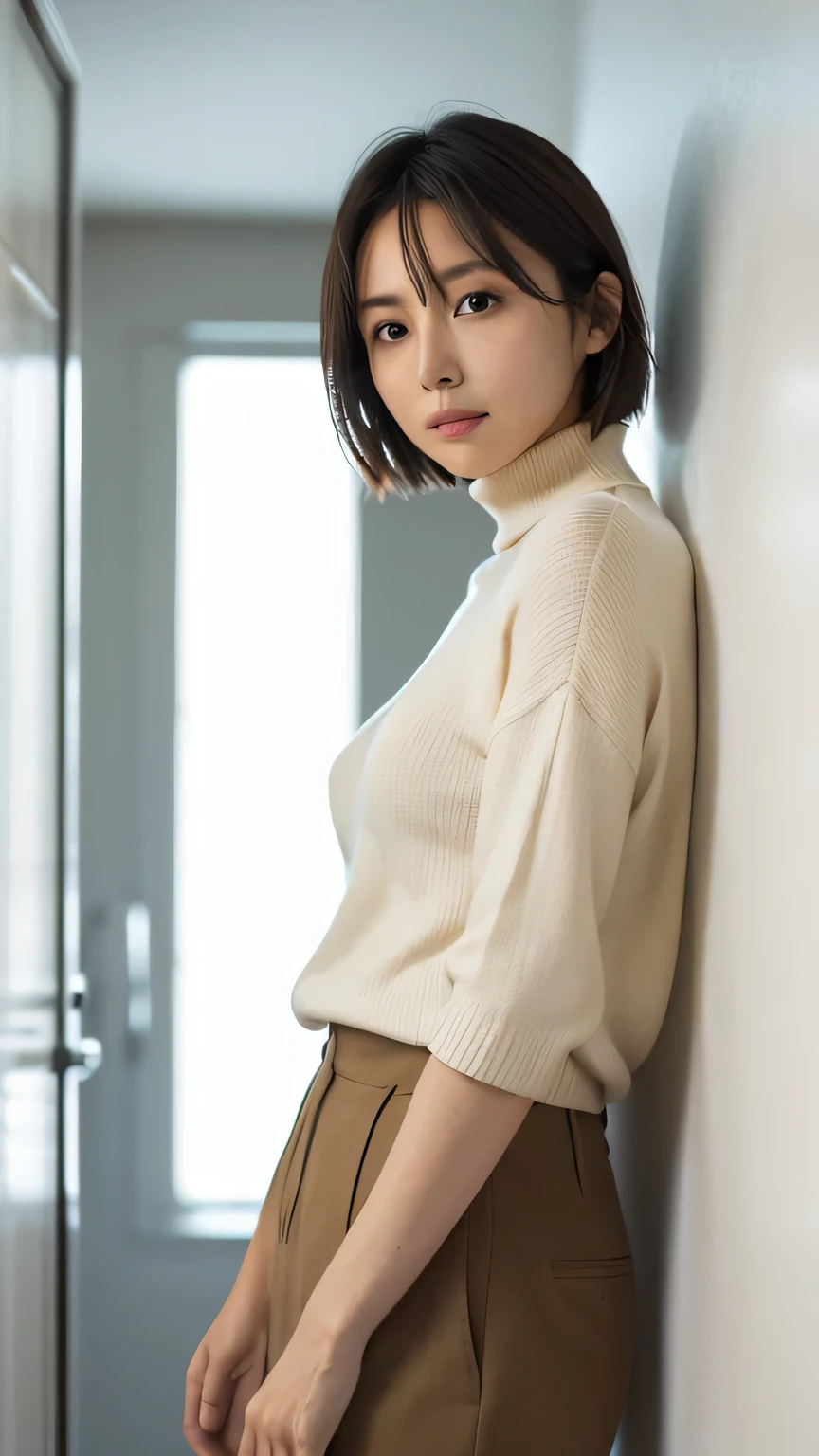 8K、top-quality、​masterpiece、超A high resolution、a picture、beautiful japanese female(pleasing:1.1) 、Elegance、There is a good、Beautiful face、Gradient lighting、1girl in、Delicate skin、Look into the distance、Brown-eyed、short hair with bangs、(breasts are large:1.0)、(medium areola:0.8)、(realisitic:1.4)、(top-quality:1.0)、(超A high resolution:1.0)、8K、Raw photography、(​masterpiece:0.2)、(pureerosface_v1:0.5)、solid color、Mock Neck Lettuce Trim Rib Knit T-Shirt、Light ribbed knitting、Gray color、the skirt is short、Futomo、Stand Collar、Slim Fit、shortsleeves、Tight、barechested、cotton clothes、want me、Take your eyes off、overtime、Fashionable city、Midnight、deep in the night、mid night、total darkness、subject、Lean、Look here、Ass big、a large bust、Kinda chubby、Bangs shed to the side、big butts、neat and well-groomed hairstyle、Bring your chest together、up chest、Feels、Mouth slightly open、Brown clothes、a necklace、、Ass big、Futomo、slightly drunk、hotels room、huge window、Outside the window, the cityscape of Tokyo spreads out.、