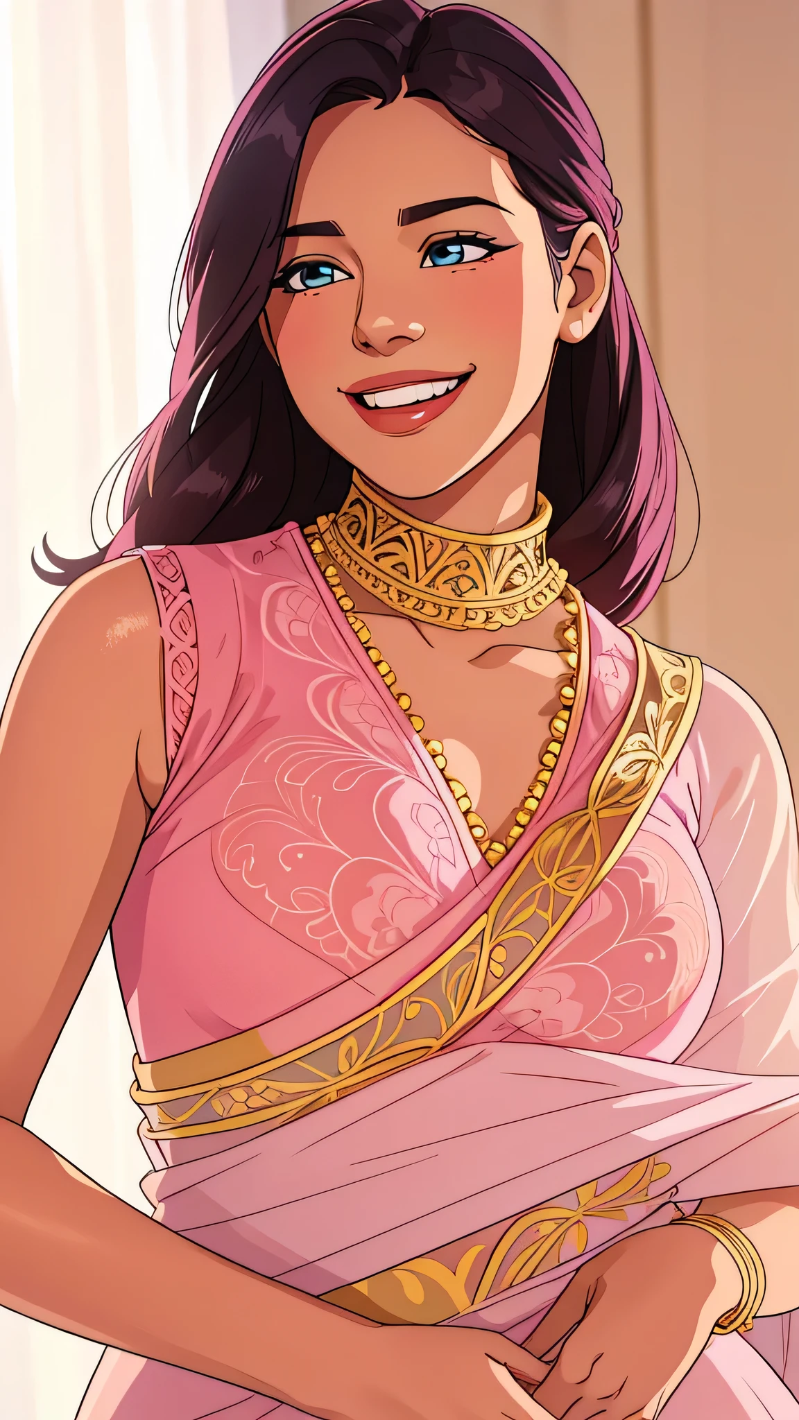 (mature female),solo,plump,long hair,smile,open mouth,black hair,black crop top,necklace,<lora:add_detail:0.34>,illustrated,(extremely detailed,masterpiece, hyper realistic,lifelike texture, skin details:1.25),<lora:svt-bhabi_v1-lora-24:0.9>,bedroom background,red salwar,sfw,upper body,see-through,bindi,