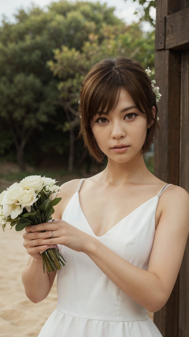 chisakotegawa, chisa kotegawa, short hair, bangs, brown hair, (brown eyes:1.5),
Wedding dress, holding flowers, shy
BREAK outdoors, beach,
BREAK looking at viewer, (cowboy shot:1.5),
BREAK (masterpiece:1.2), best quality, high resolution, unity 8k wallpaper, (illustration:0.8), (beautiful detailed eyes:1.6), extremely detailed face, perfect lighting, extremely detailed CG, (perfect hands, perfect anatomy),