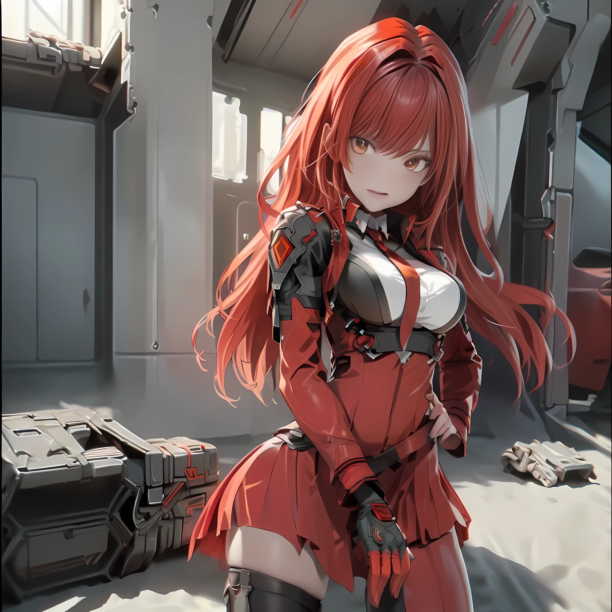 ((Best quality)), ((masterpiece)), (detailed:1.4), 3D, an image of a beautiful cyberpunk female, long burning red hair, burning hair, Red eyes, Black Barret Hat, Red Soldier Shirt, White undercloth, black panty, black skirt, black thick boot, long black kneesock, Grenade belt, Big chest, Big thigh, High thigh black knee sock, full view of girl, battlefield background, black combat boot, red necktie, black glove, black combat suit, black jacket, black cloak, black panty, ammo belt, HDR (High Dynamic Range),Ray Tracing,NVIDIA RTX,Super-Resolution,Unreal 5,Subsurface scattering,PBR Texturing,Post-processing,Anisotropic Filtering,Depth-of-field,Maximum clarity and sharpness,Multi-layered textures,Albedo and Specular maps,Surface shading,Accurate simulation of light-material interaction,Perfect proportions,Octane Render,Two-tone lighting,Wide aperture,Low ISO,White balance,Rule of thirds,8K RAW,