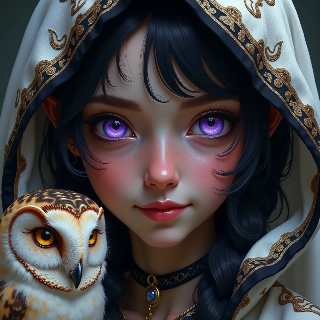 epic picture, Epic scene,  close-up,  Upper Part Portrait , elven ears,Elf Girl,  Bright Purple Eyes ,  The scar near the Eye wound with a blunt object has already healed ,  Black Very Black Thick Hair ,  Velvet Hood with gold thread patterns ,  Bright smile One part of the jaw is raised from a smile , Oblong Nose ,  Gray-Pink Skin , not big breasts,  Dressed in White and Black Ancient Caftan ,  on the Shoulder A small owl with Big Eyes and Bright plumage Sits White-Brown feathers, 8 k,  digital processing ,  better quality, Maximum Details,  Maximum Focus ,  Epic Fantasy , fantasy, beautiful colors, bright colors,  Complex Details , many details, UHD, 16K, masterpiece,