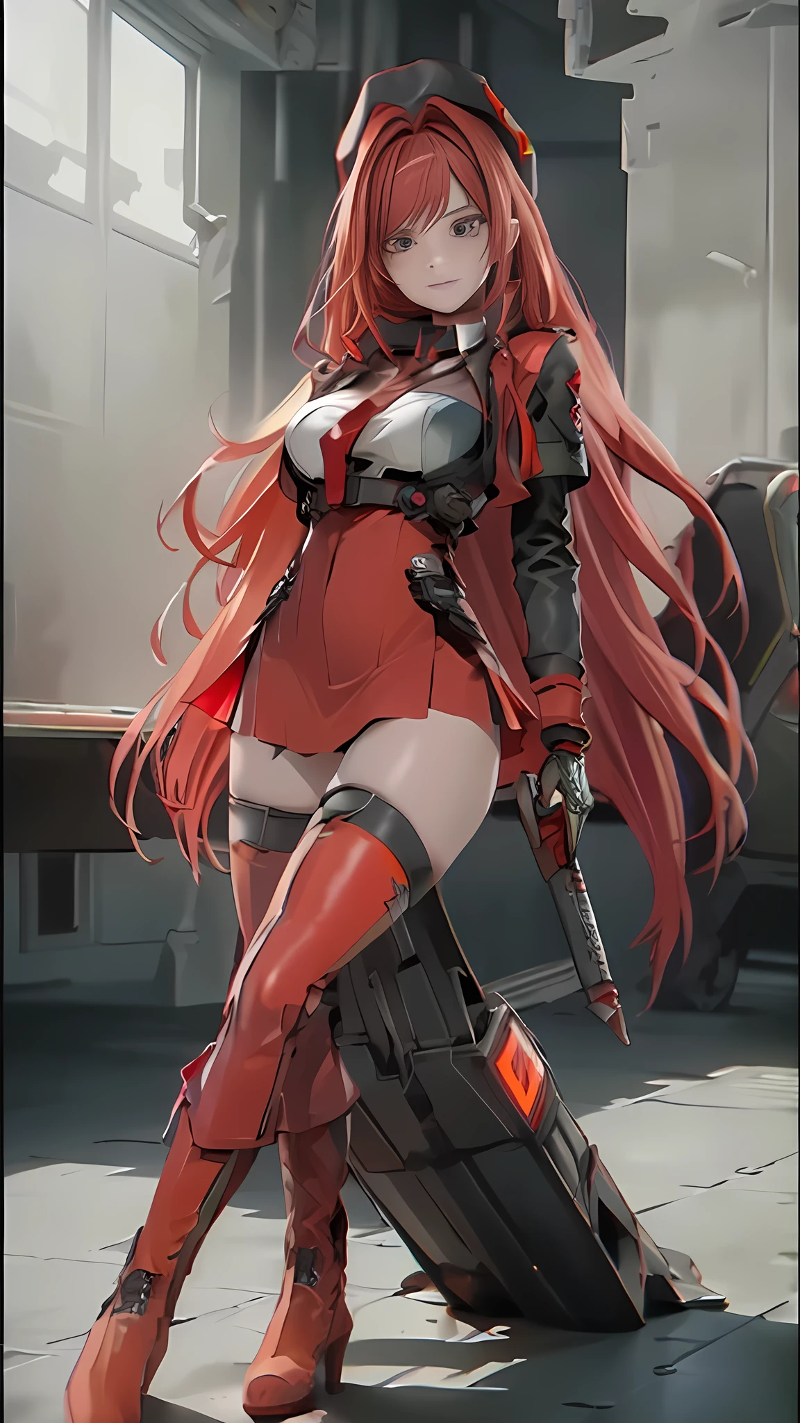 ((Best quality)), ((masterpiece)), (detailed:1.4), 3D, an image of a beautiful cyberpunk female, long burning red hair, burning hair, Red eyes, Black Barret Hat, Red Soldier Shirt, White undercloth, black panty, black skirt, black thick boot, long black kneesock, Grenade belt, Big chest, Big thigh, High thigh black knee sock, full view of girl, battlefield background, black combat boot, red necktie, black glove, black combat suit, black jacket, black cloak, black panty, ammo belt, HDR (High Dynamic Range),Ray Tracing,NVIDIA RTX,Super-Resolution,Unreal 5,Subsurface scattering,PBR Texturing,Post-processing,Anisotropic Filtering,Depth-of-field,Maximum clarity and sharpness,Multi-layered textures,Albedo and Specular maps,Surface shading,Accurate simulation of light-material interaction,Perfect proportions,Octane Render,Two-tone lighting,Wide aperture,Low ISO,White balance,Rule of thirds,8K RAW,