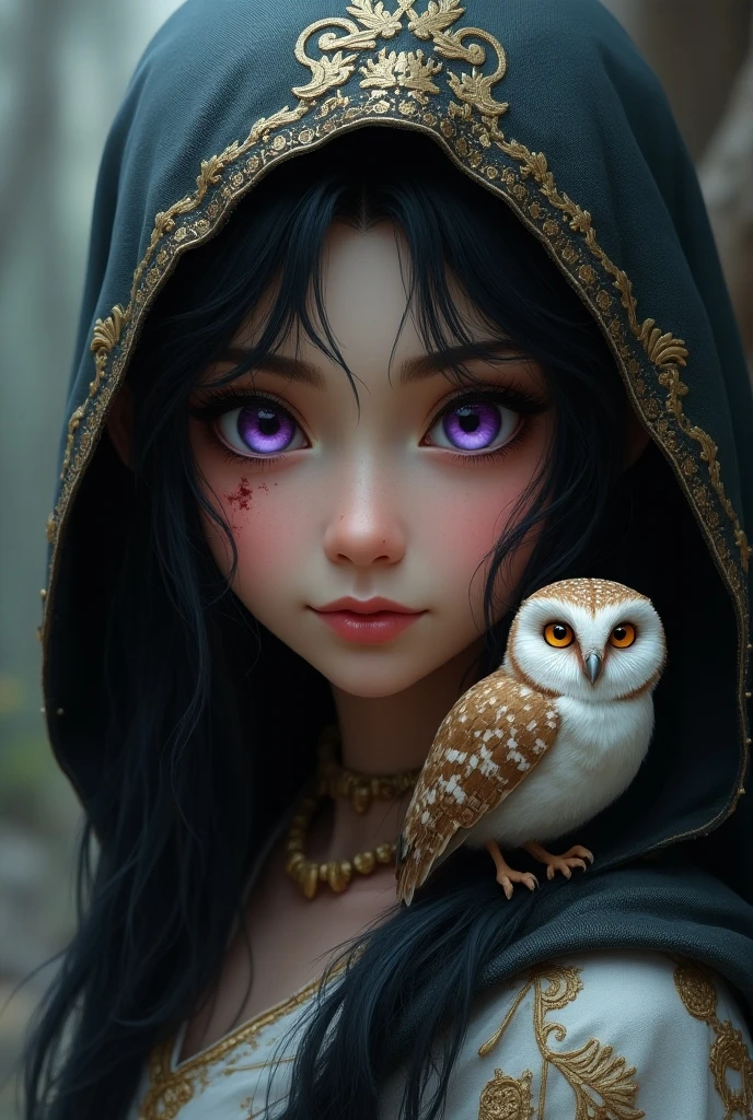 epic picture, Epic scene,  close-up,  Upper Part Portrait , elven ears,Elf Girl,  Bright Purple Eyes ,  The scar near the Eye wound with a blunt object has already healed ,  Black Very Black Thick Hair ,  Velvet Hood with gold thread patterns ,  Bright smile One part of the jaw is raised from a smile , Oblong Nose ,  Gray-Pink Skin , not big breasts,  Dressed in White and Black Ancient Caftan ,  on the Shoulder A small owl with Big Eyes and Bright plumage Sits White-Brown feathers, 8 k,  digital processing ,  better quality, Maximum Details,  Maximum Focus ,  Epic Fantasy , fantasy, beautiful colors, bright colors,  Complex Details , many details, UHD, 16K, masterpiece,