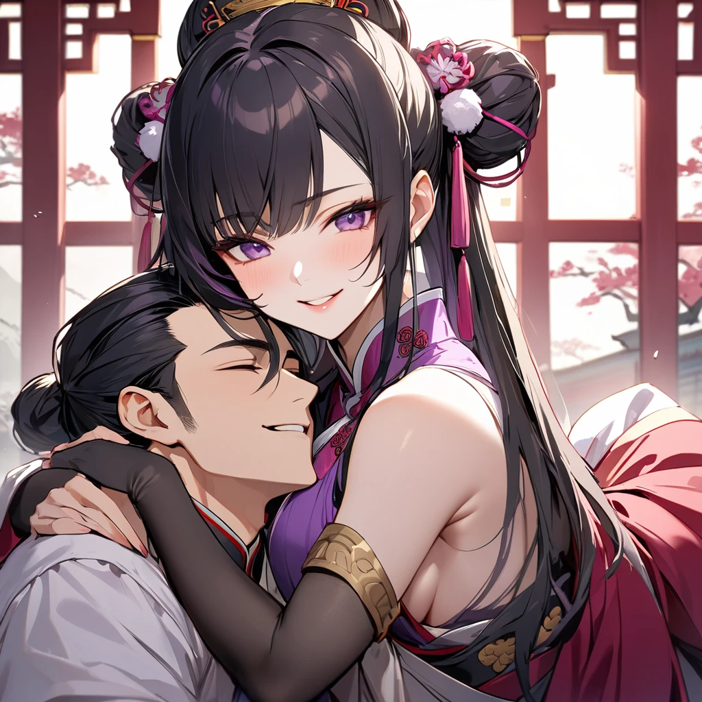 The woman of the ancient Chinese empress both physically and mentally loved each other by hugging and kissing the man of the great ancient Chinese emperor with beautiful black hair and a purple gradation color with the tips of Kocho Shinobu, and had sex with the great man of the ancient Chinese emperor、((Best Quality)), ((masterpiece)), ( Details), （ perfect face）,The woman is Kocho Shinobu with outstanding proportions and is finished as a woman of an ancient Chinese empress in a Chinese mansion 、The woman is smiling gently