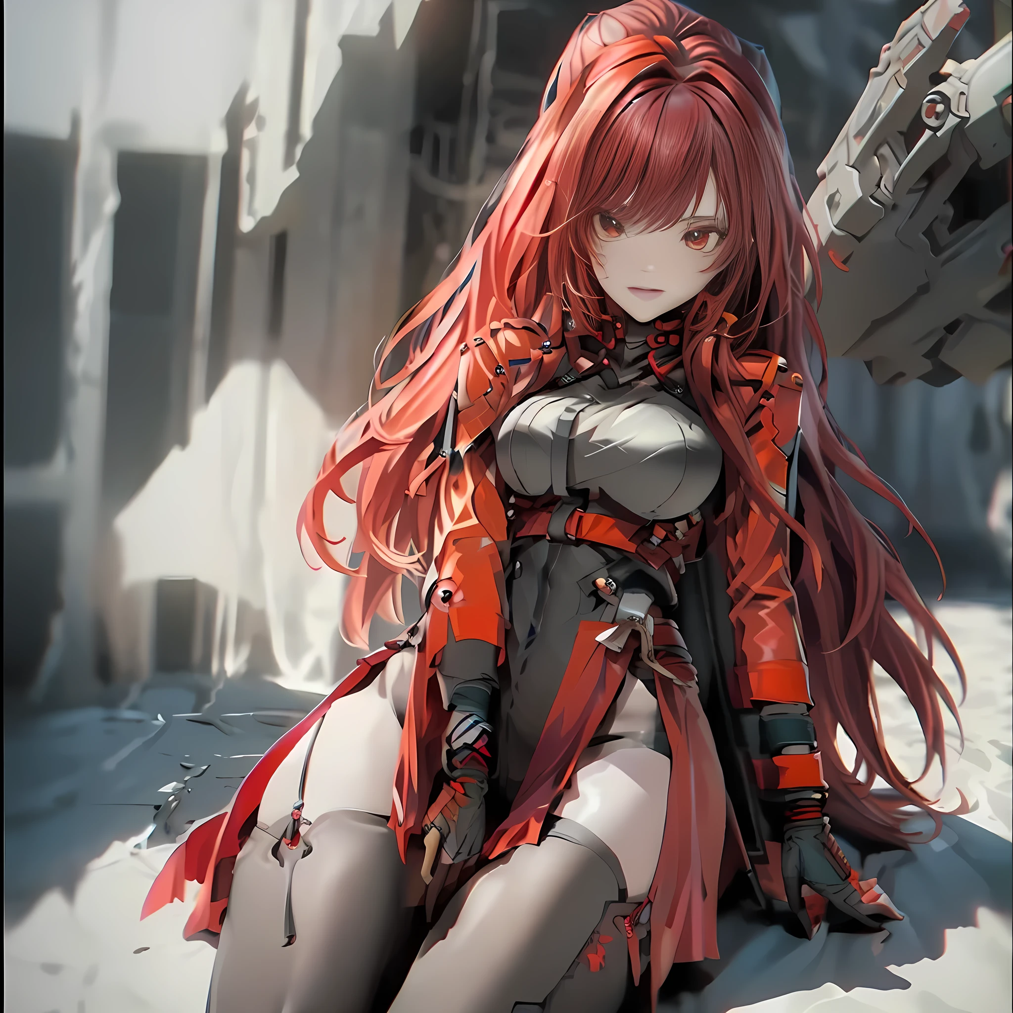 ((Best quality)), ((masterpiece)), (detailed:1.4), 3D, an image of a beautiful cyberpunk female, long burning red hair, burning hair, Red eyes, Black Barret Hat, Red Soldier Shirt, White undercloth, black panty, black skirt, black thick boot, long black kneesock, Grenade belt, Big chest, Big thigh, High thigh black knee sock, full view of girl, battlefield background, black combat boot, red necktie, black glove, black combat suit, black jacket, black cloak, black panty, ammo belt, HDR (High Dynamic Range),Ray Tracing,NVIDIA RTX,Super-Resolution,Unreal 5,Subsurface scattering,PBR Texturing,Post-processing,Anisotropic Filtering,Depth-of-field,Maximum clarity and sharpness,Multi-layered textures,Albedo and Specular maps,Surface shading,Accurate simulation of light-material interaction,Perfect proportions,Octane Render,Two-tone lighting,Wide aperture,Low ISO,White balance,Rule of thirds,8K RAW,