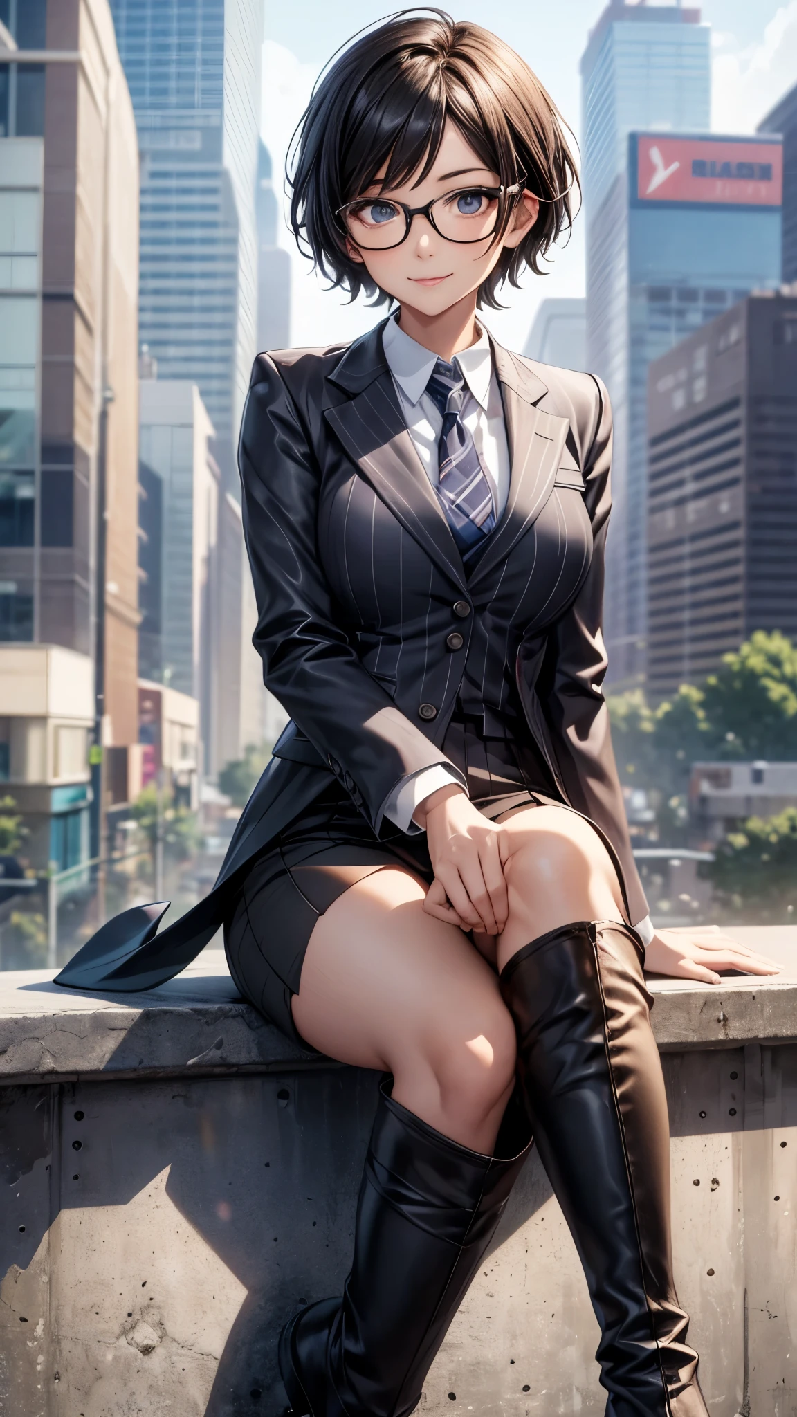 Best quality, full body portrait, delicate face, pretty face, 25 year old woman, slim figure, small bust, OL uniform, office clothes, black stockings, outdoor scene, sitting position --auto --s2