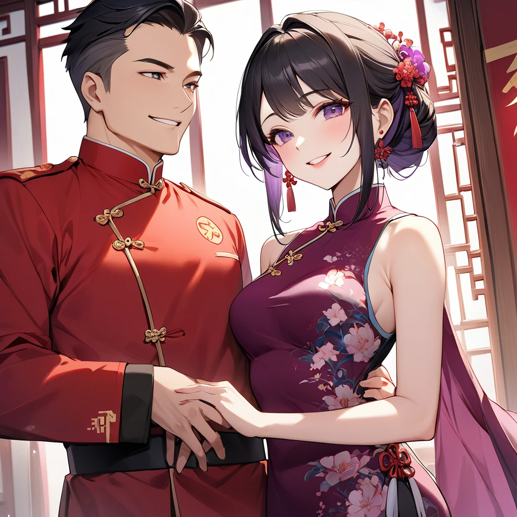 The woman who is a member of the Chinese Communist Party physically and mentally has beautiful black hair with purple gradation color Kocho Shinobu, wears a gorgeous, sensational, and attractive Chinese dress that is a member of the Chinese Communist Party, pledges absolute loyalty and love to a great Chinese Communist Party executive man, and they passionately seek and love each other as wives、((Best Quality)), ((masterpiece)), ( Details), （ perfect face）,The woman is Kocho Shinobu with outstanding proportions and is finished as a Chinese woman in a Chinese mansion 、The woman is smiling gently