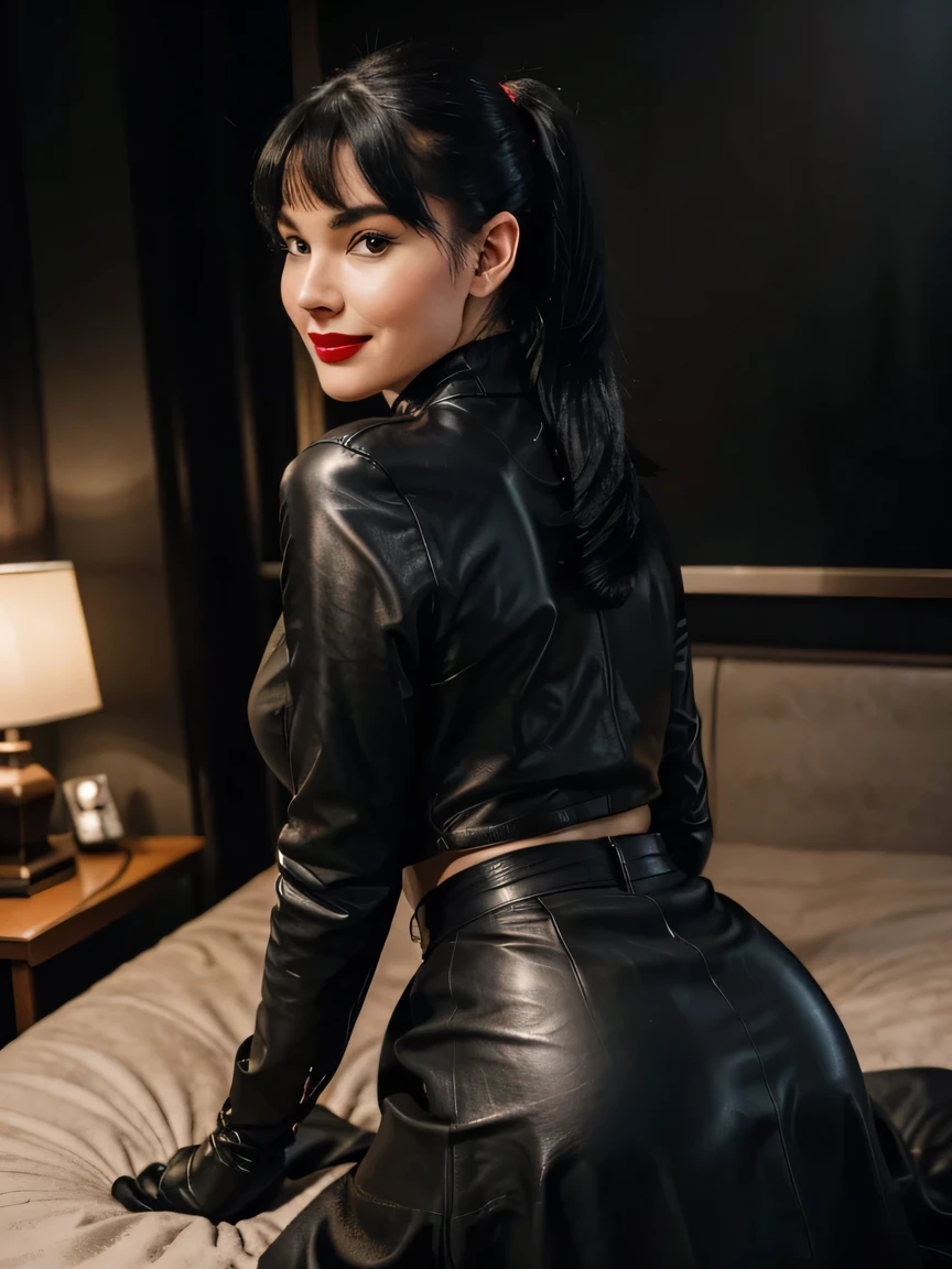 Sweaty sensual betty page looking girl with blue eyes and black leather coat soft black gloves and a skirt on the edge of a montain making love from behind with a man ,over a table inside the cabin, eyes closed, lips open , a incredible moment of sensual sex , the photo is taken from her side