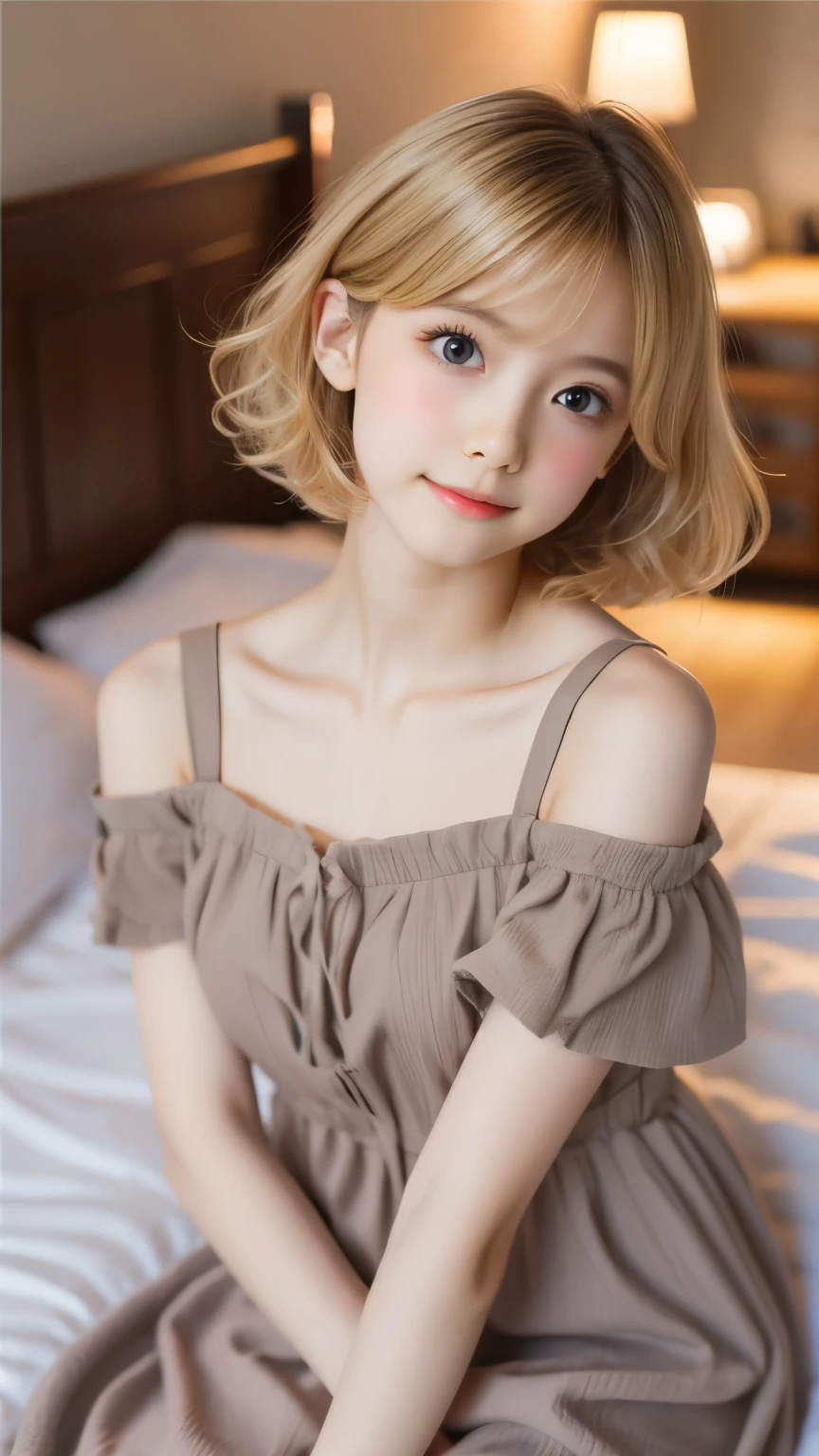 (Dynamic Range、Light for shooting 、 beautiful portraits、 realistic pictures), 1 beautiful girl with pieces 、 Blonde Short Bob、Curly hair、Puff Dresses、shoulder、clavicle、Skinny、Small breasts、Clasp your hands in front of your face、Bedroom at night、Lamplight、Gorgeous bed