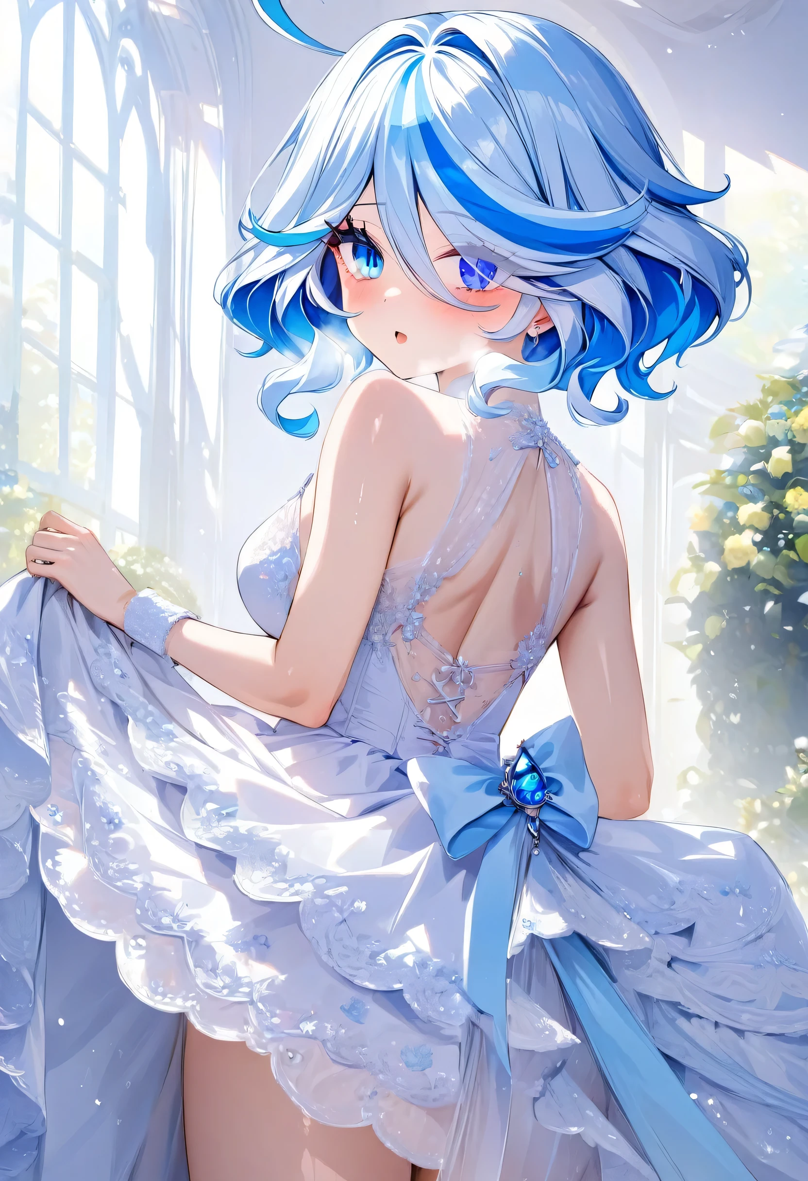 score_9, score_8_up, score_7_up, masterpiece, best quality, absurdres, vibrant, highly detailed, 1girl, adult grown woman, furina \(genshin impact\), heterochromia, blue eye, light blue eye, blue hair, ahoge, hair over one eye, light blue hair, short hair, looking back at view, heavy breathing, wedding_dress, wedding_ring, 