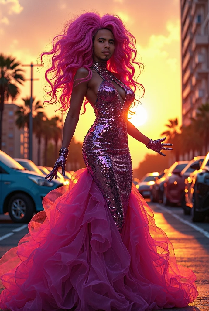 Very large bust, chubby girl, purple and pink long wavy hair, hazel eyes, color gradient vivid rainbow summer dress on a catwalk, very detailed very beautiful, 